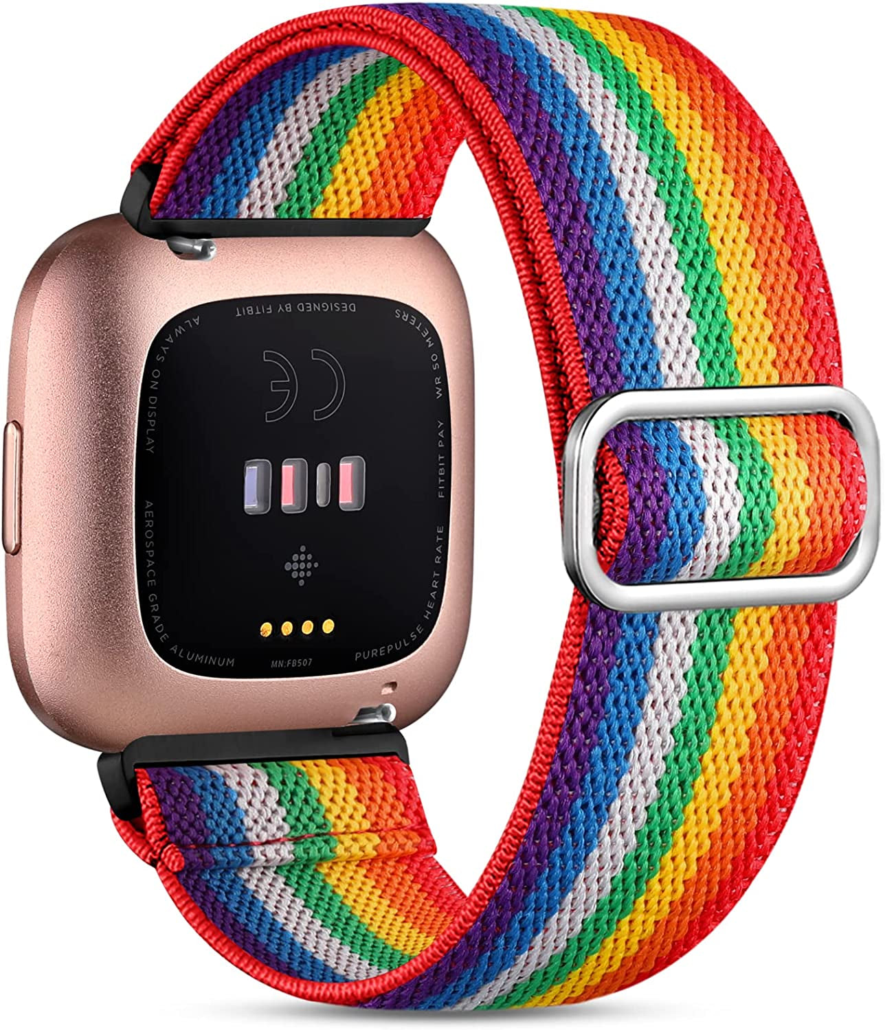 Witzon Compatible with Fitbit Versa 2 Bands for Women Men, Soft Breathable Versa 2 Solo Loop Sport Strap, Versa Lite Versa SE Replacement Accessories Adjustable Braided Nylon Versa 2 Band, Deep Pink  Witzon Elastic Rainbow Striped  