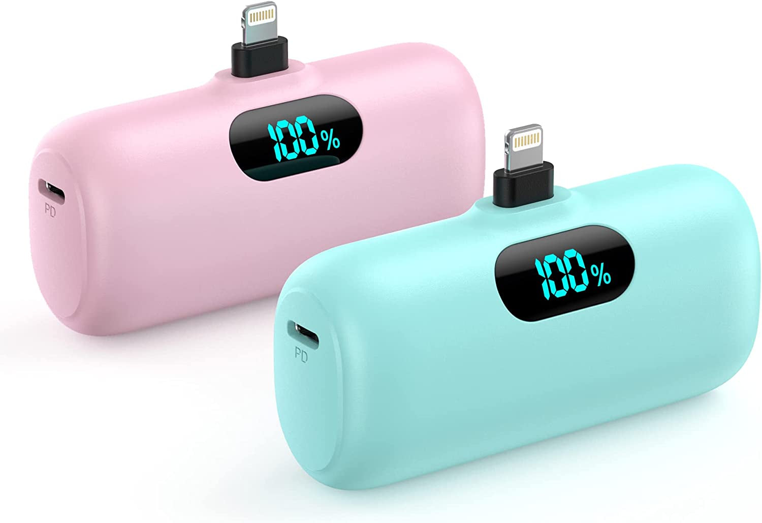 [2 Pack]Mini Portable Charger 5000Mah,Ultra-Compact 15W PD Fast Charging Power Bank,Lcd Display Cute Battery Pack Backup Charger Compatible with Iphone 14/14 Pro Max/13/13 Pro/12/Xr/8/7/6-Black+White  Dongguan Yuanhaoxun Technology Co., Ltd Pink+Green  