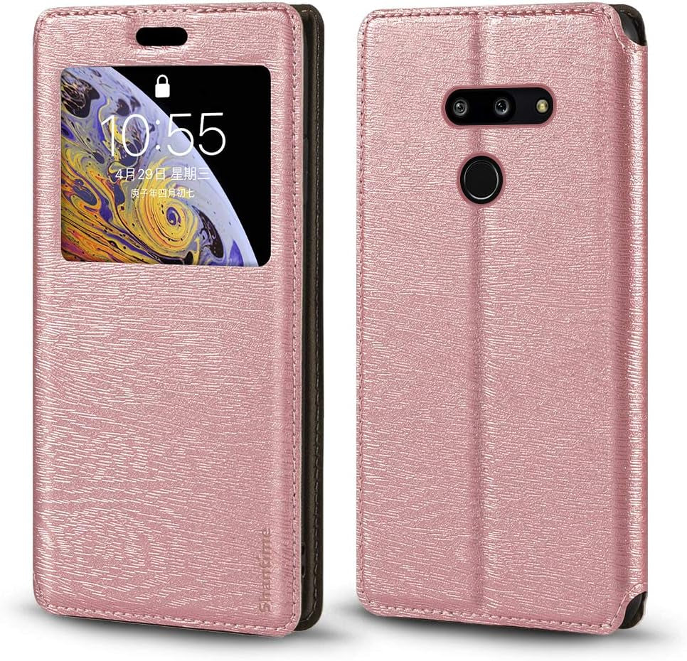 Shantime LG G8 Thinq Case, Wood Grain Leather Case with Card Holder and Window, Magnetic Flip Cover for LG G8 Thinq Gold  Shantime Rose Gold  