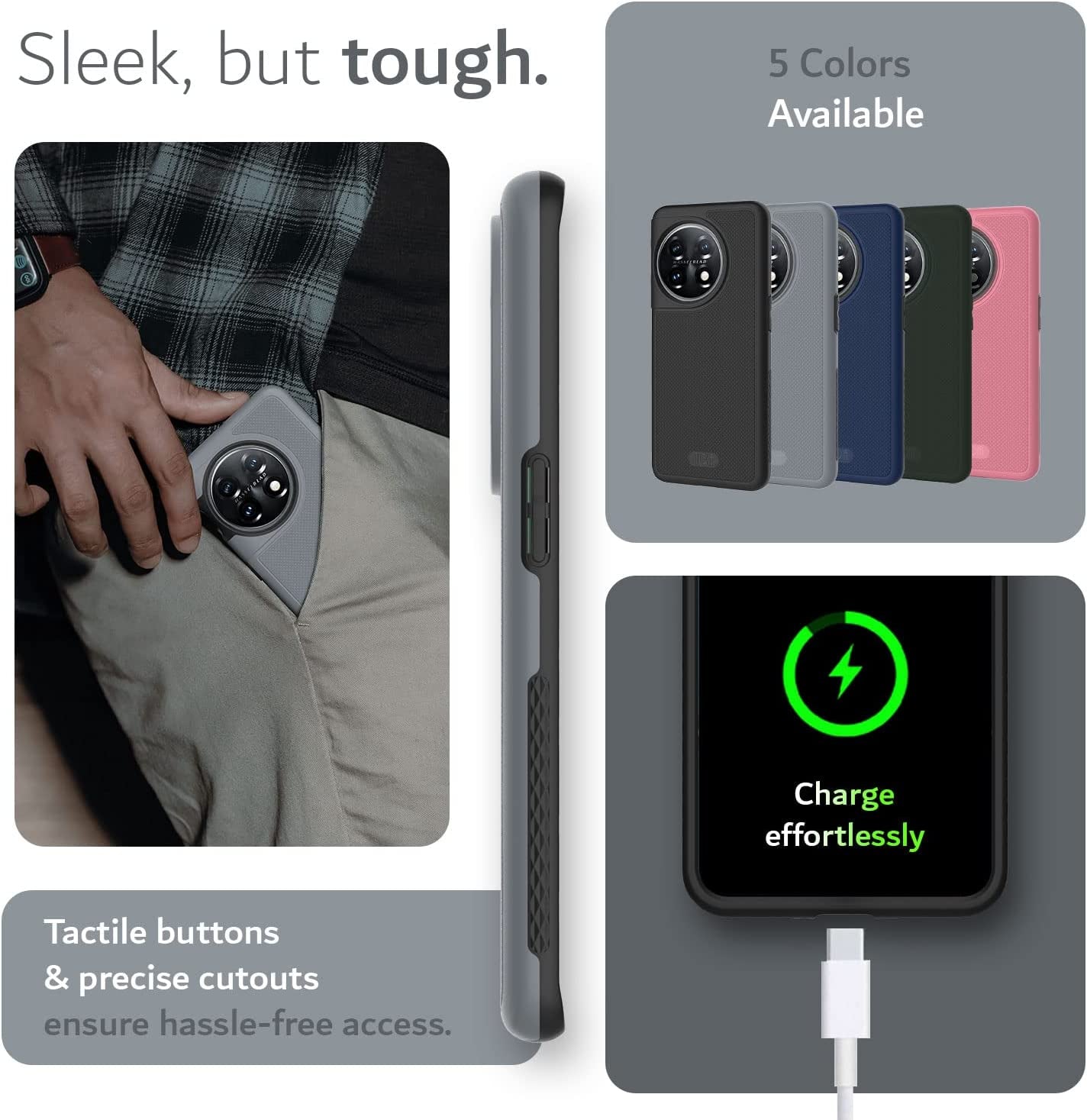 TUDIA Dualshield Grip Designed for Oneplus 11 Case 5G (2023), [Mergegrip] Dual Layer Shockproof Slim Military Grade Non-Slip Tough Heavy Duty Protective Phone Case Cover (Gray)  TUDIA   