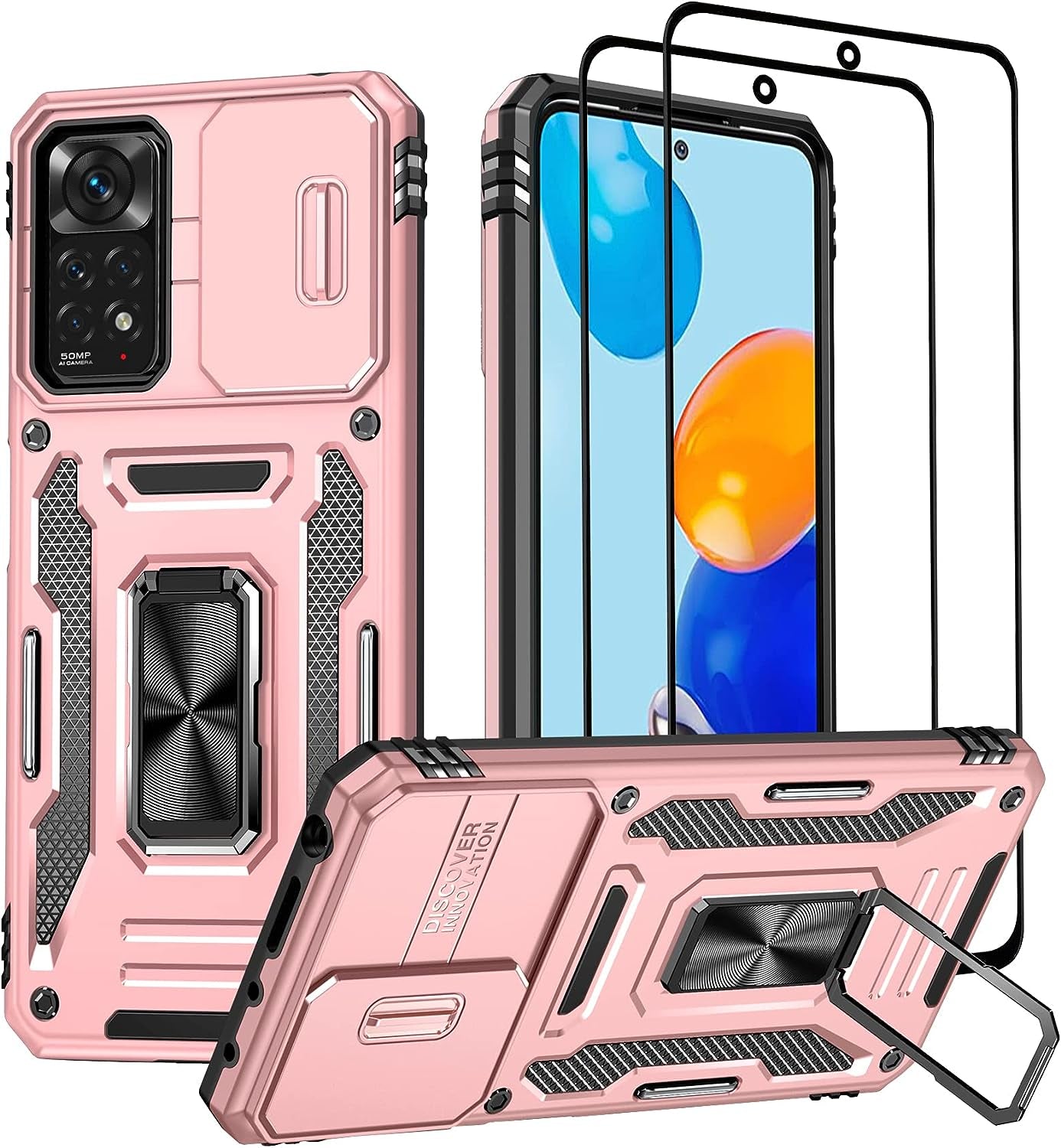 Wefor Xiaomi Redmi Note 11 (4G) Case with Slide Camera Cover, 360°Magnetic Ring Kickstand Upgraded Military Grade Shockproof Case with Magnetic Car Mount Holder (Navy Blue)  Wefor Rose Gold  