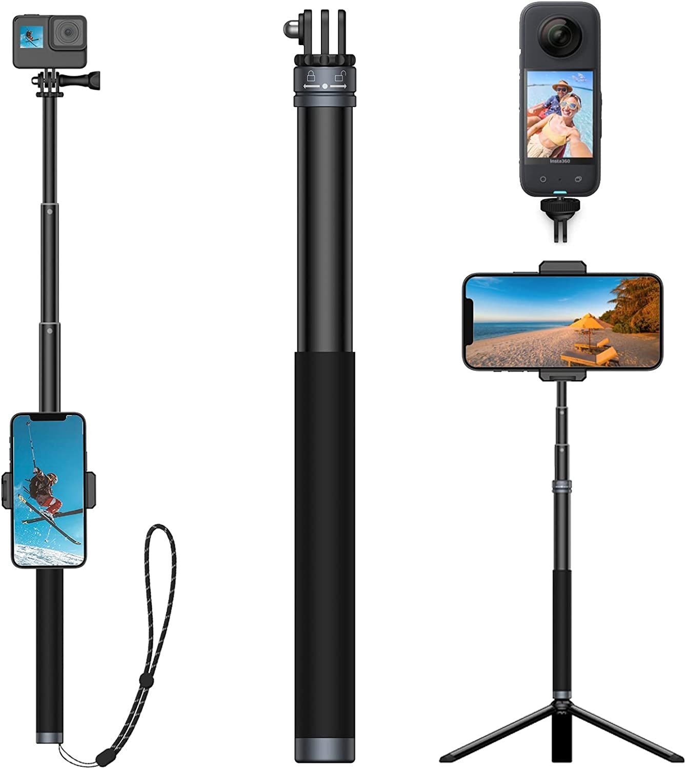 UNIXYZ 36“ Selfie Stick with Tripod Phone Clip Aluminum Waterproof Extension Pole for Gopro Mini Max Hero 11 10 9 8 7 6 5 Insta360 X 2 X3 DJI Action 2 3 Accessories  UNIXYZ   