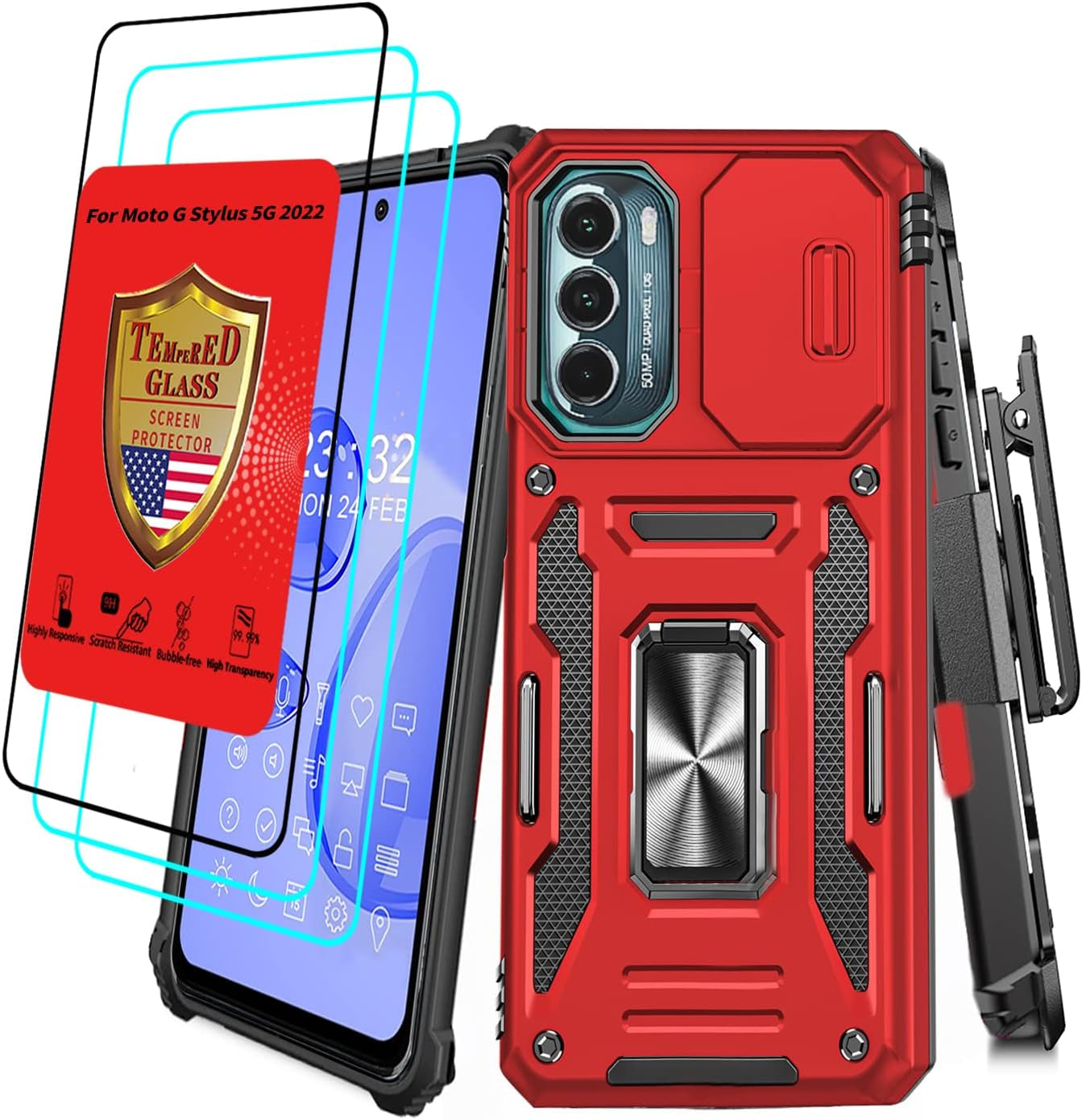 For Motorola Moto G Stylus 5G 2022 Case with Screen Protector Moto G Stylus 2022 5G Case with Belt Clip Military Grade Heavy Duty Moto G Stylus 5G 2022 Xt2215 Case Slide Camera Cover (RED)  YIJUN   