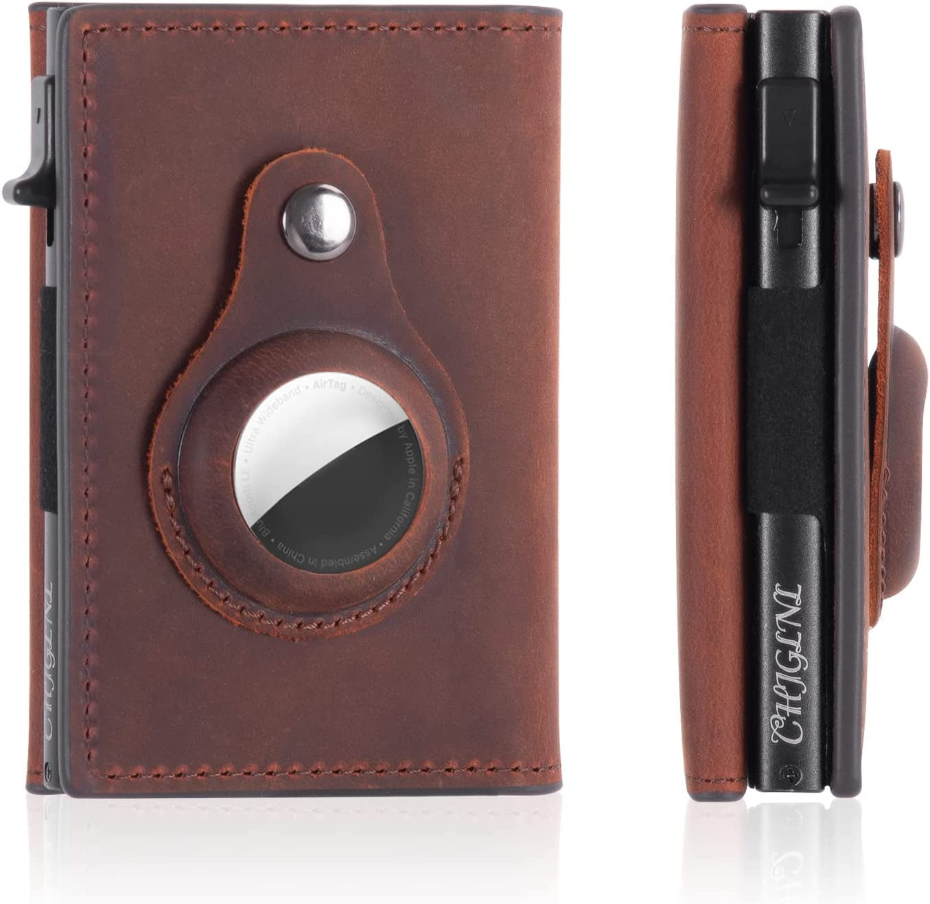 CHJGLNL Genuine Leather Slim Wallet for Men, Pop up Wallet RFID Blocking Money Credit Card Holder Minimalist Smart Wallet Ideal for Men'S Gift  CHJGLNL AirTag-Crazy Horse Coffee  