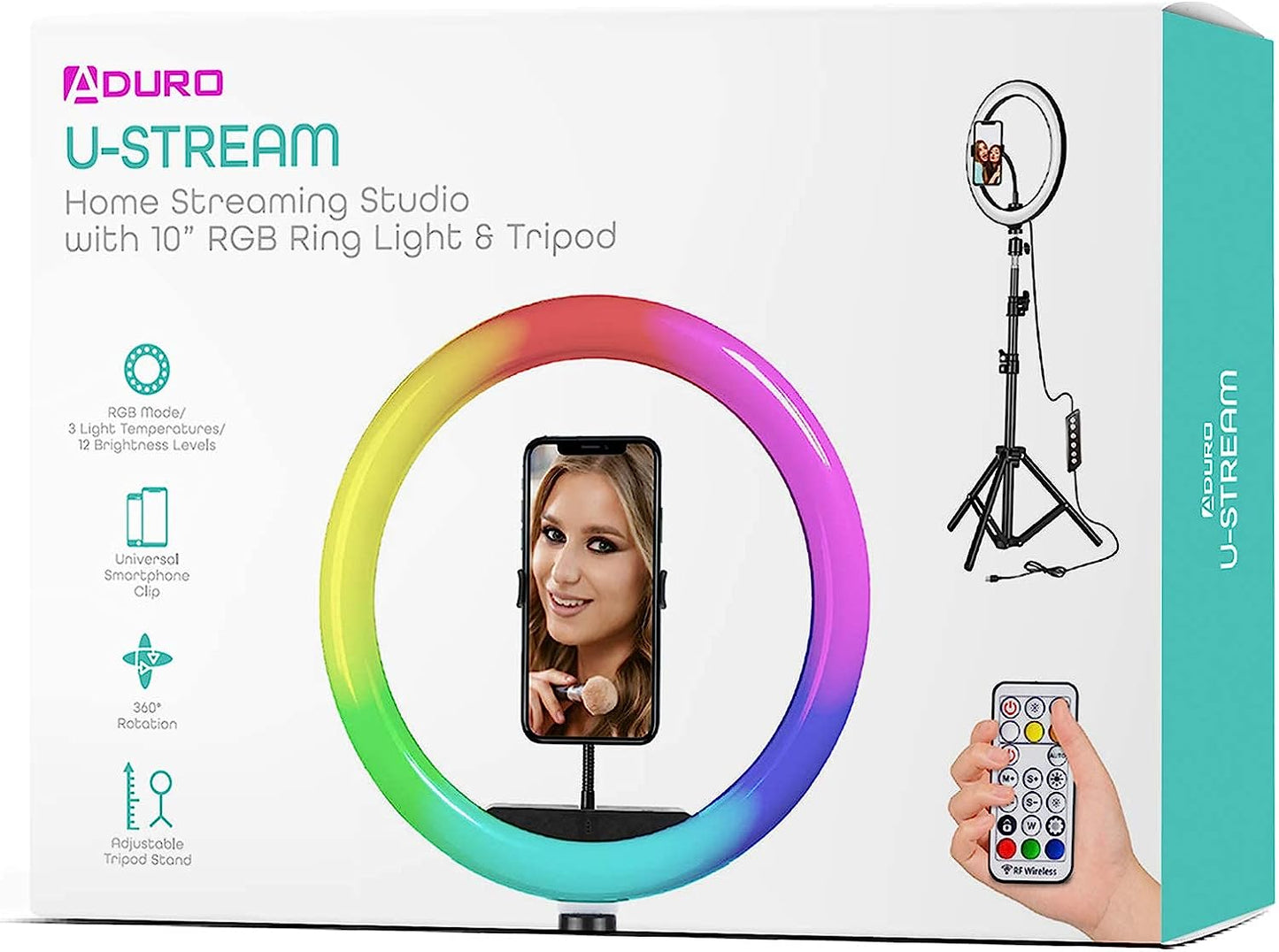 Aduro U-Stream Selfie RGB Ring Light with Tripod Stand and Remote Control, Dimmable 10" LED Ring Light with Stand and Phone Holder for Photography Makeup Vlogging Live Streaming  Aduro   