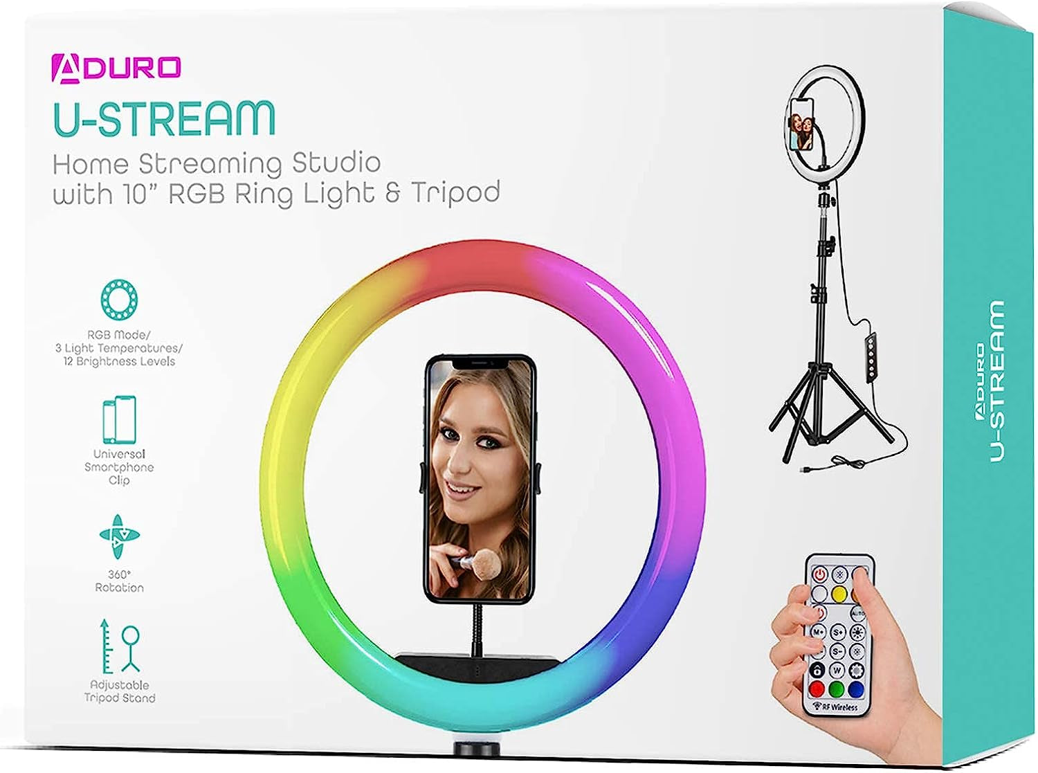 Aduro U-Stream Selfie RGB Ring Light with Tripod Stand and Remote Control, Dimmable 10" LED Ring Light with Stand and Phone Holder for Photography Makeup Vlogging Live Streaming  Aduro   