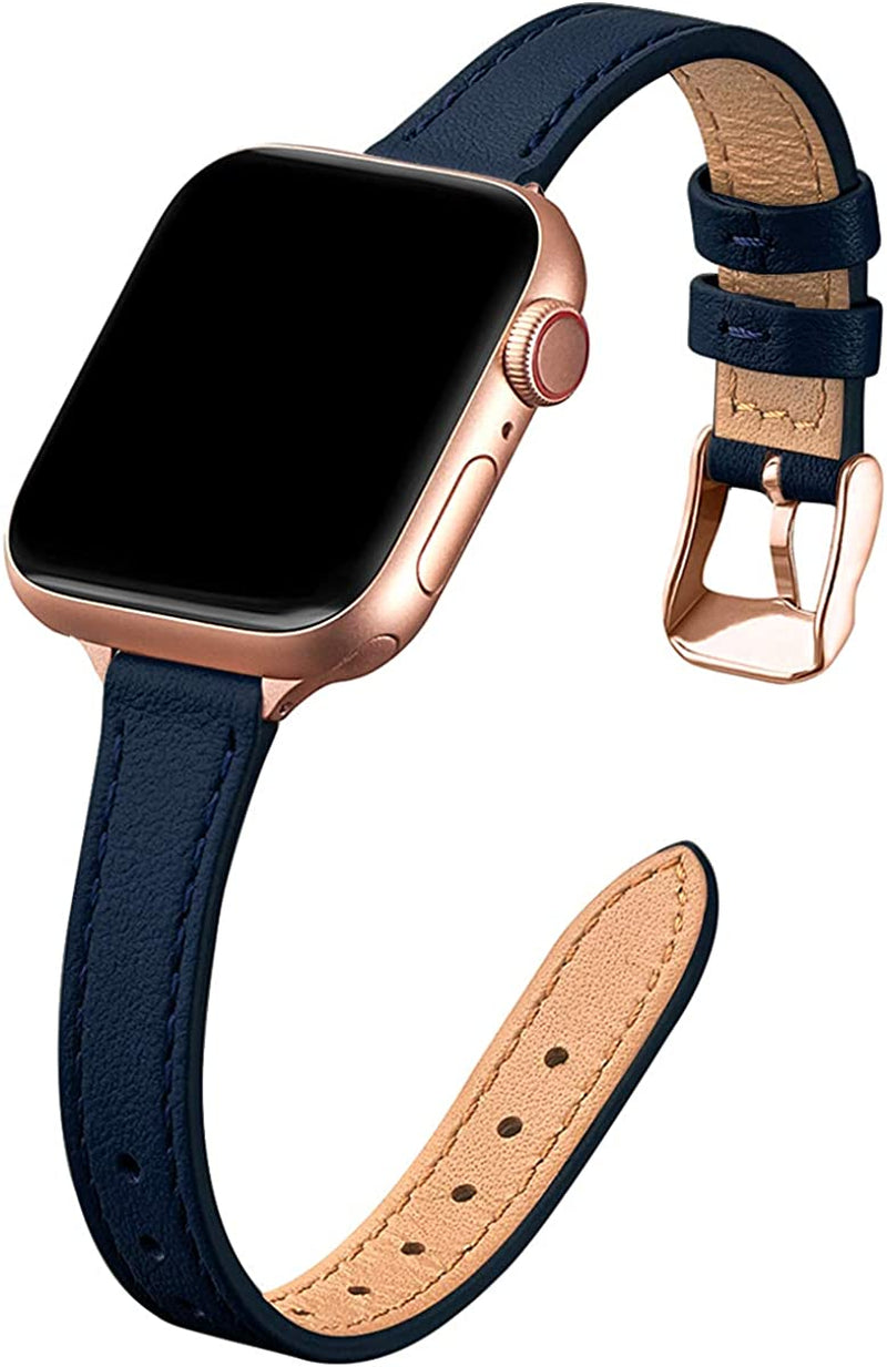 STIROLL Slim Leather Bands Compatible with Apple Watch Band 38Mm 40Mm 41Mm 42Mm 44Mm 45Mm 49Mm, Top Grain Leather Watch Thin Wristband for Iwatch Ultra SE Series 8/7/6/5/4/3/2/1  STIROLL Navy with Rose Gold 42mm/44mm/45mm/49mm 