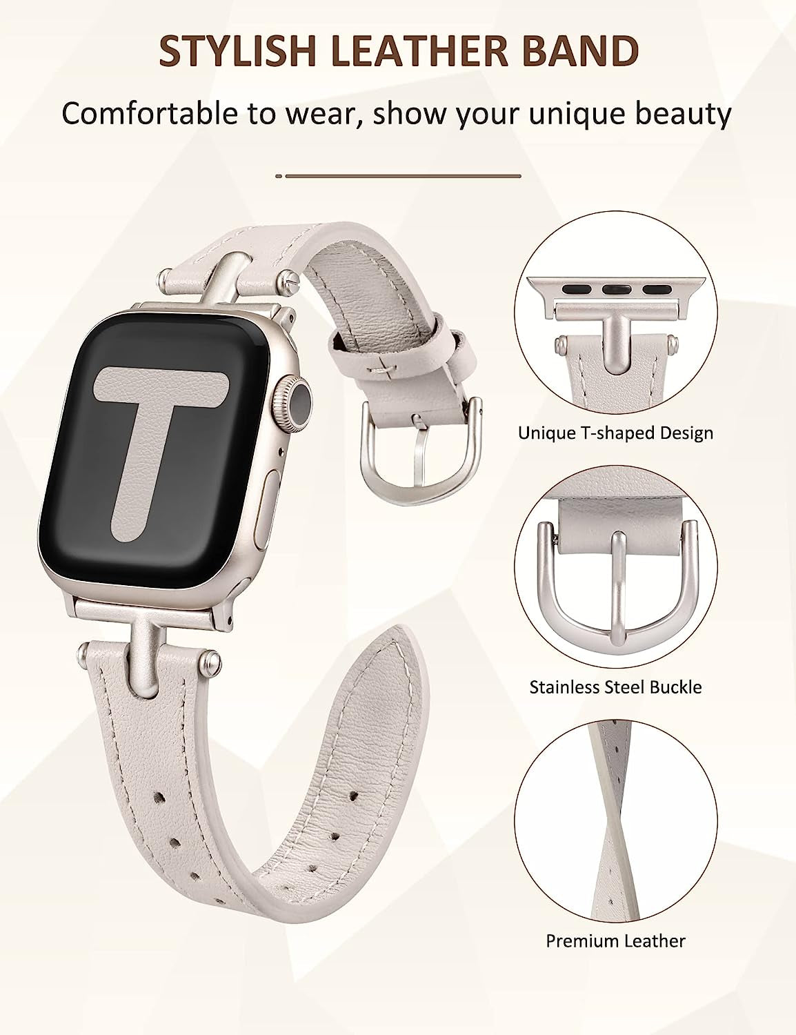 Wearlizer Leather Band Compatible with Apple Watch Band Women 38Mm 40Mm 41Mm 42Mm 44Mm 45Mm 49Mm Dressy Fashion Leather Strap with T-Shape Metal Buckle for Iwatch Bands Ultra SE Series 8 7 6 5 4 3 2 1  Wearlizer   