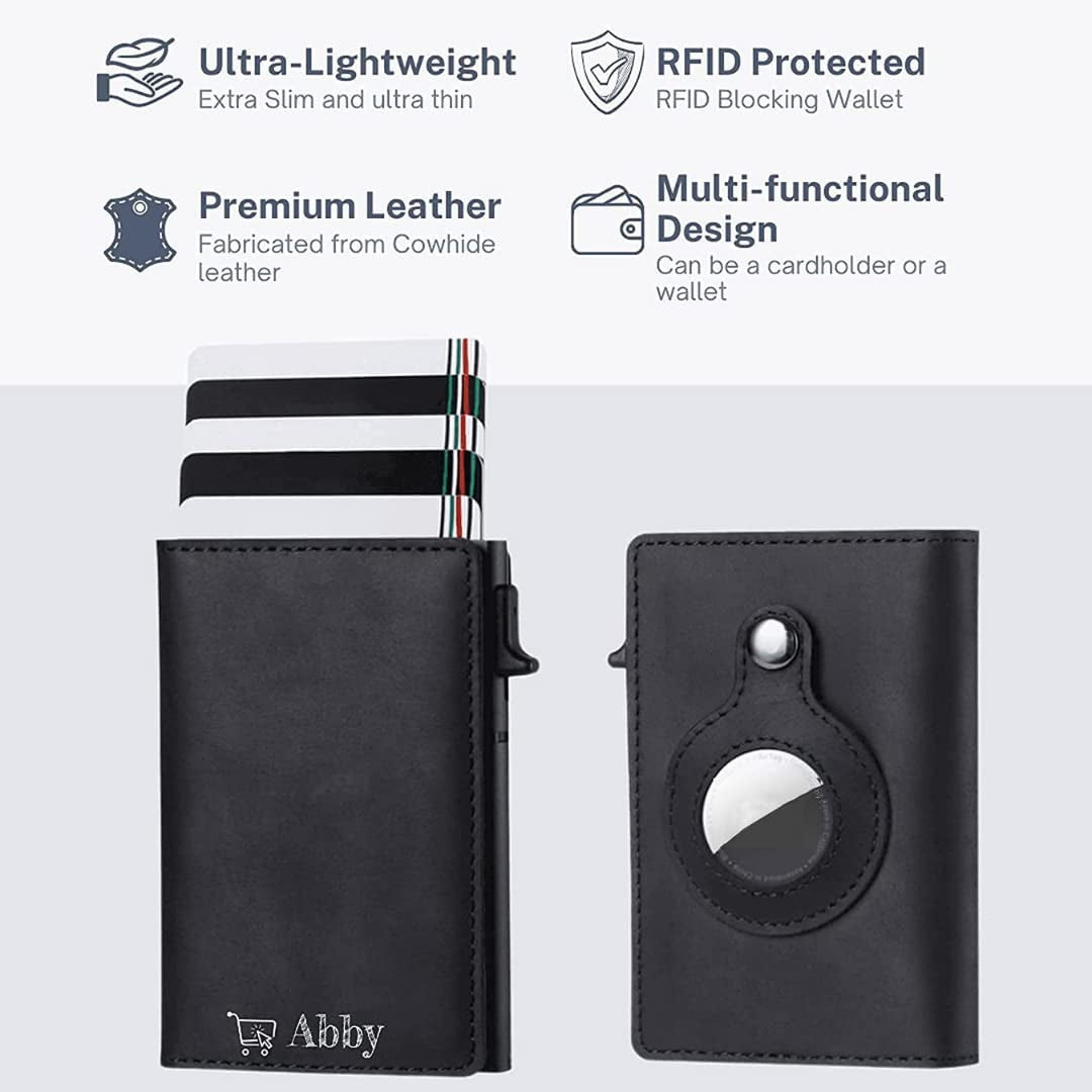 Abby'S Anti-Lost Slim Leather Airtag Wallet with Apple Airtag Case (Cocoa Brown) RFID Protection, Smart Thin Minimalist Pop up Credit Card Airtag Holder Trackable Wallet  ABBY   