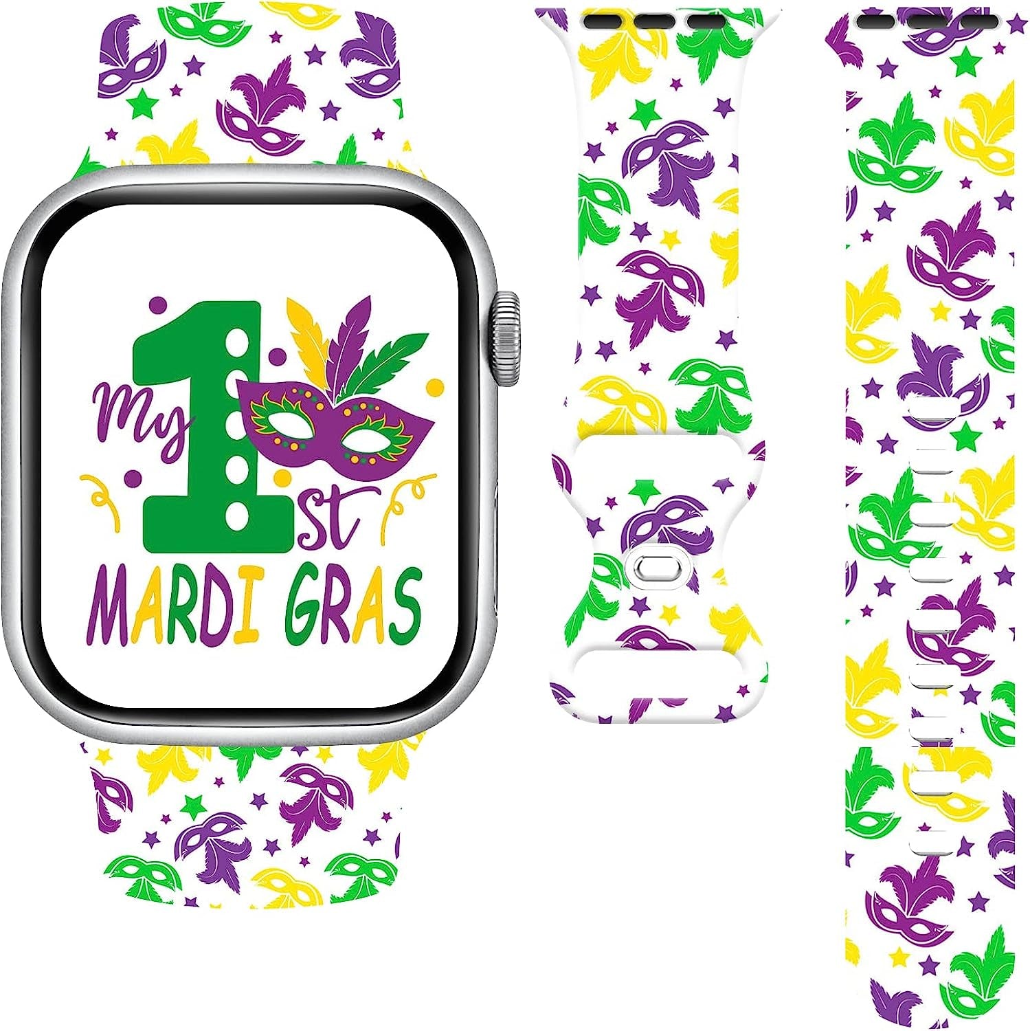 St. Patricks Day Watch Band Compatible with Apple Watch 38Mm 40Mm 41Mm 42Mm 44Mm 45Mm, Four Leaf Clover Shamrock Silicone Replacement Bands Wristbands Strap Compatible with All Iwatch Series  WANSENCE MARDI GRAS-2 42mm/44mm/45mm 