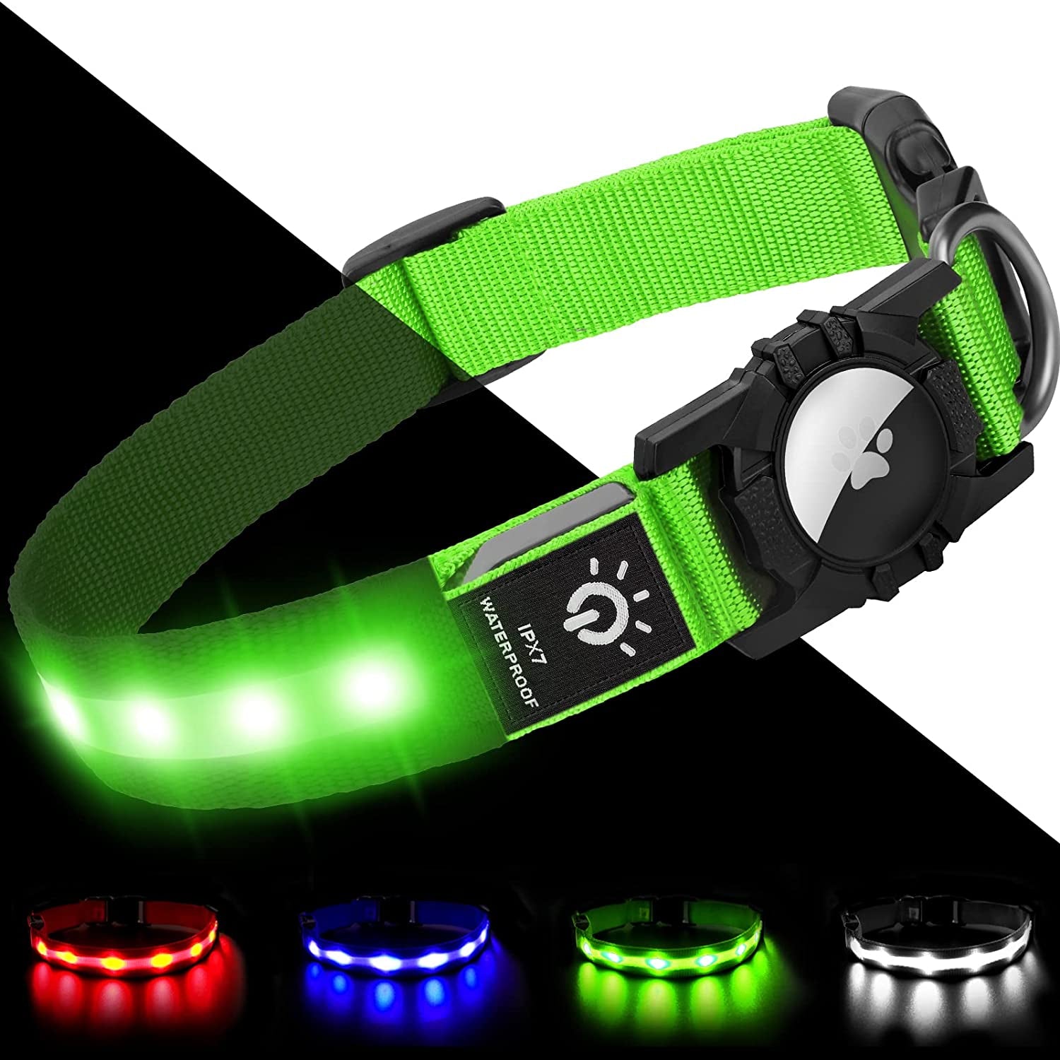 Joytale LED Airtag Dog Collar[100% IPX7 Waterproof], Light up Night Safety Pet Collars for Air Tag, USB C Rechargeable Lighted Glow Nylon Collar with Airtag Holder Case for Large Dogs, Red  Joytale Green Large (16"- 24") 