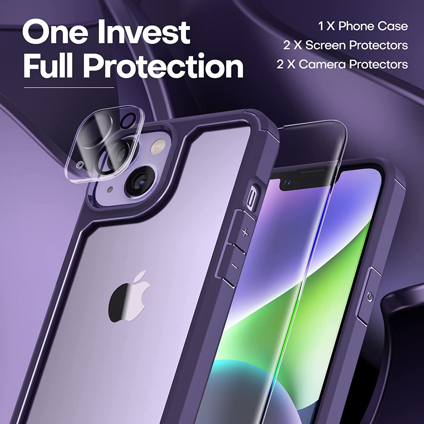TAURI 5-In-1 for Iphone 14 Case, [Not Yellowing] with 2 Screen Protector + 2 Camera Lens Protector, [Military Drop Protection] Shockproof Slim Phone Case for Iphone 14 6.1 Inch-Purple  TAURI   