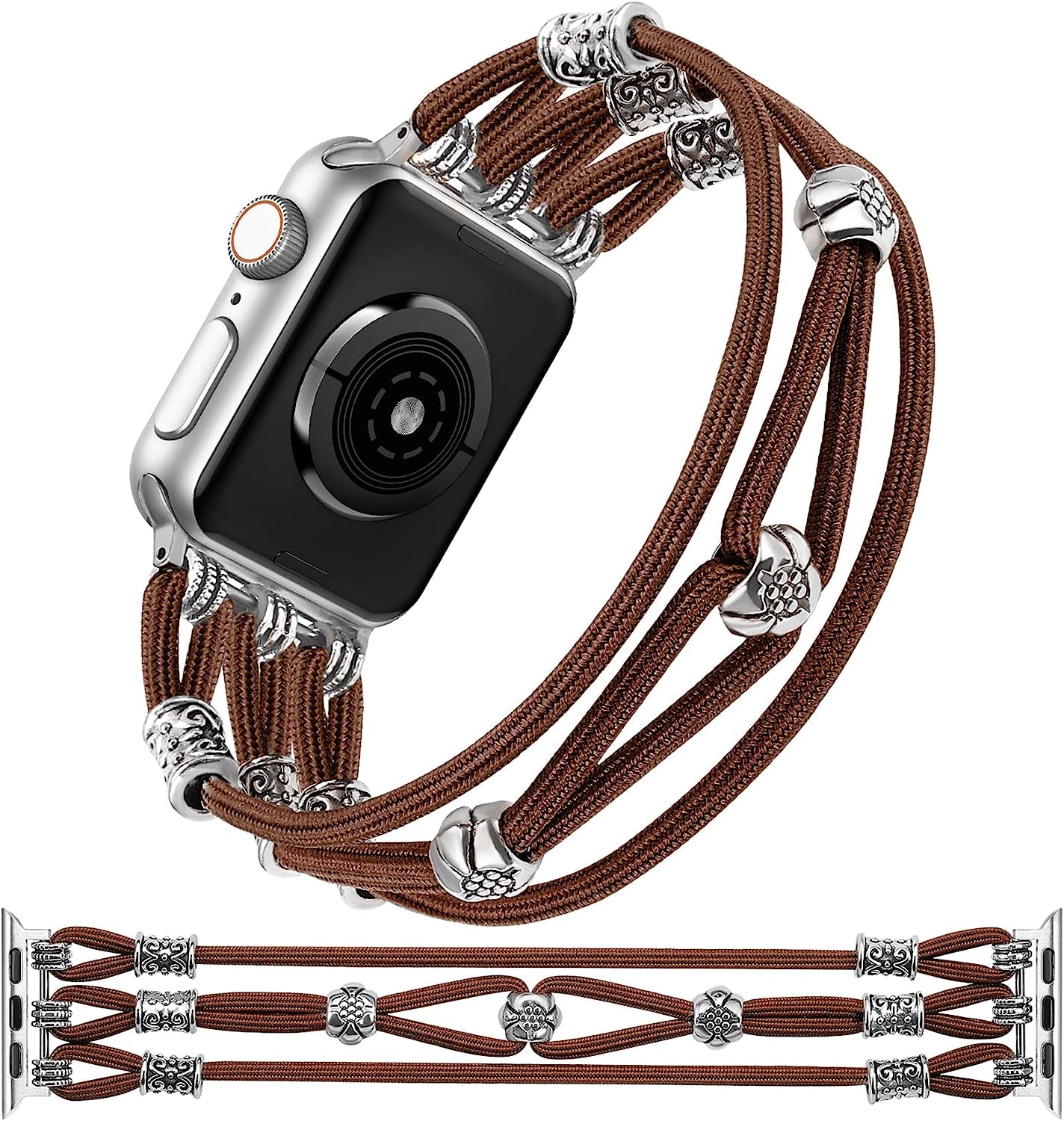 TOYOUTHS Beaded Bracelet Compatible with Apple Watch Band 38Mm 40Mm 41Mm Women, Premium Braided Nylon Elastic Stretchy Boho Cute Fancy Charms Solo Loop Strap for Iwatch Series 8/SE/7/6/5/4/3/2/1, M  TOYOUTHS Brown 42mm/44mm/45mm/49mm XS 