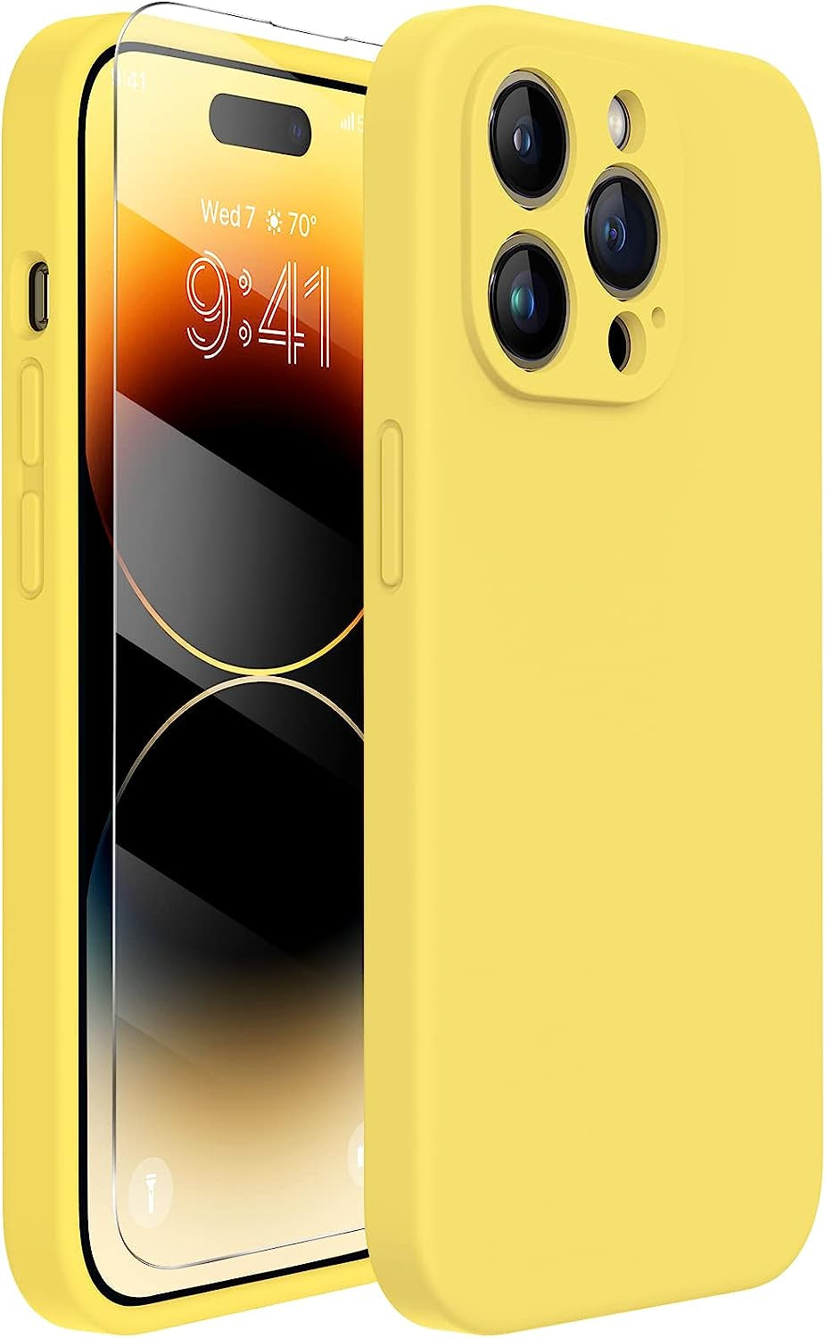 Miracase Designed for Iphone 14 Pro Case with Screen Protector, [Upgraded Camera Protection], Shockproof Liquid Silicone Rubber Phone Case Cover for 14 Pro 6.1 Inch (Alpine Green)  Miracase Lemon Yellow  