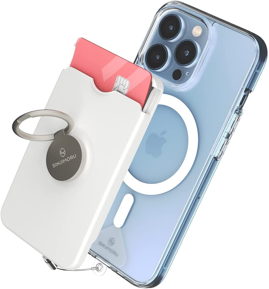 Sinjimoru Cell Phone Wallet for Magsafe with Phone Ring Holder, Secure Magnetic Card Holder with Phone Grip & Kickstand for Magsafe Case & Iphone 14/13/12 Series. M-Ringo Slot Black  Sinjimoru Co.Ltd White  