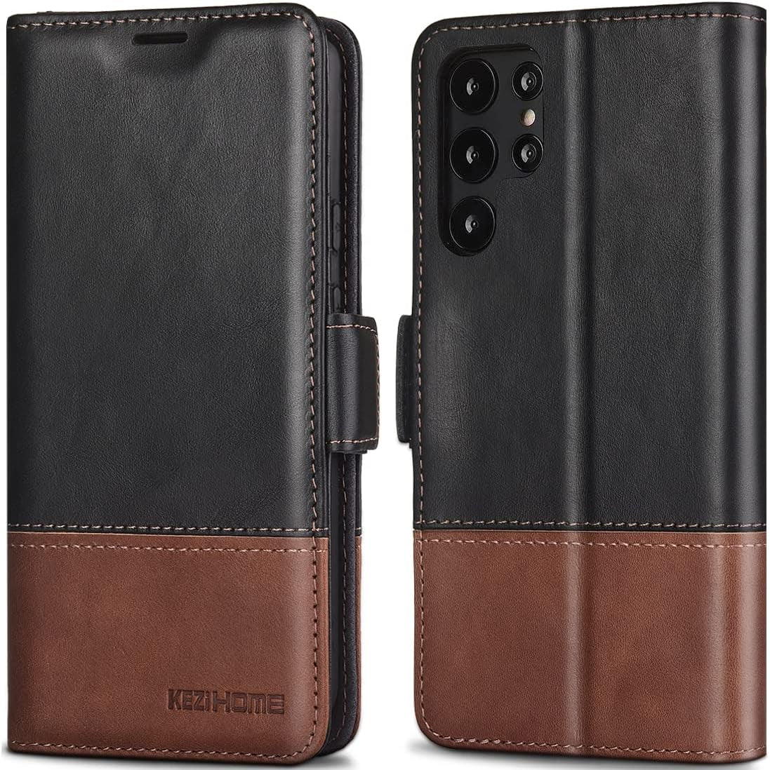 Kezihome Galaxy S22 Ultra Case, Genuine Leather [RFID Blocking] Samsung S22 Ultra 5G Wallet Case Card Slot Flip Magnetic Stand Phone Cover Compatible with Samsung Galaxy S22 Ultra (2022) (Gray/Brown)  Shenzhen Jiemeisi Tchnology Co.,LTD Black/Brown  