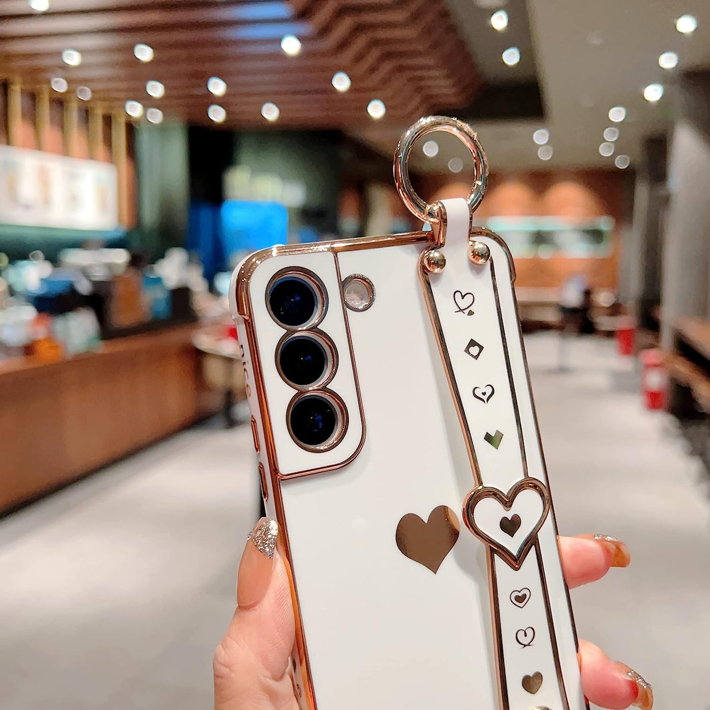 DEFBSC Compatible with Samsung Galaxy S22 plus Case, Electroplated Edge Love Heart Case with Wrist Strap, Full Camera Protection Raised Reinforced Corners Shockproof Soft TPU Cover, White  DEFBSC   