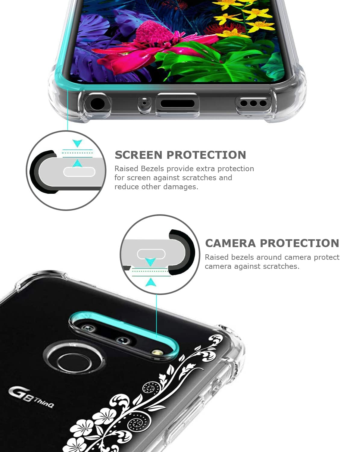 GREATRULY Floral Clear Pretty Phone Case for LG G8 Thinq (2019 Release) for Women Girls,Flower Design Transparent Slim Soft Drop Proof TPU Bumper Cushion Silicone Cover Shell,Fl-F12  GREATRULY   