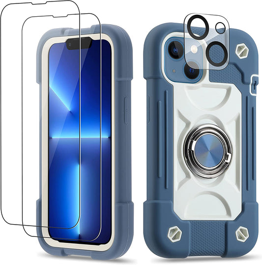 Cookiver for Iphone 14 Case/Iphone 13 Case 6.1 Inch with Ring Stand, with 2 Pack Glass Screen Protector + 1 Pack Camera Lens Protector,Heavy-Duty Shockproof Military Grade Rugged Cover (Felicia Blue)  Cookiver Felicia Blue  