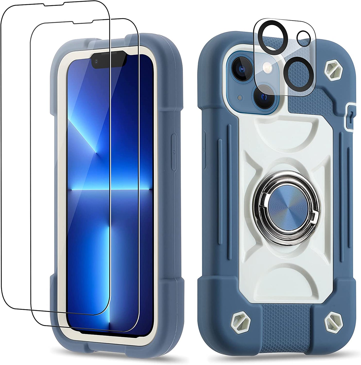 Cookiver for Iphone 14 Case/Iphone 13 Case Inch with Ring Stand, with 2 Pack Glass Screen Protector + 1 Pack Camera Lens Protector,Heavy-Duty Shockproof Military Grade Rugged Cover (Guava)  Cookiver Felicia Blue  