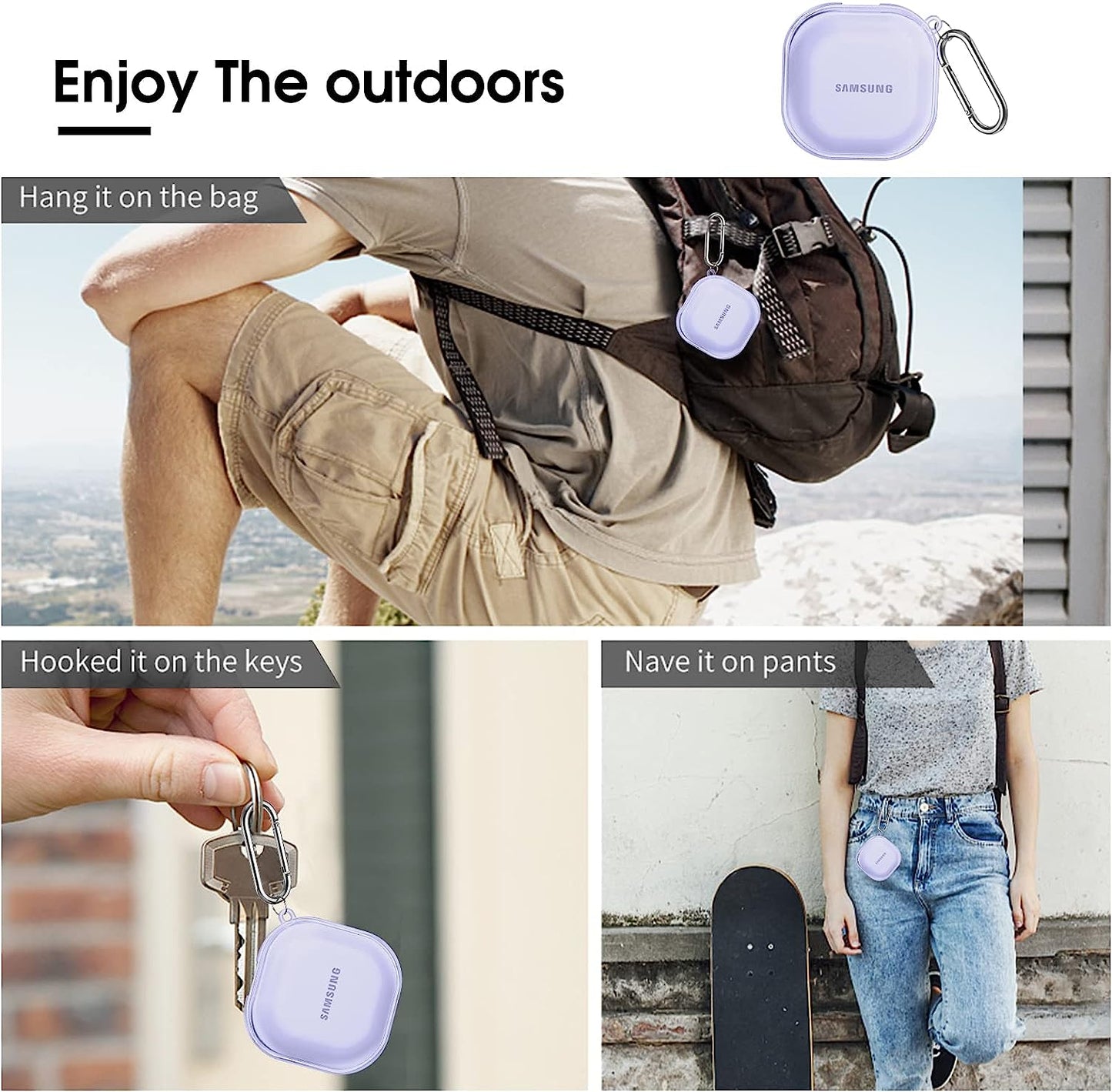 Fintie Case for Samsung Galaxy Buds 2 Pro (2022) / Galaxy Buds 2 (2021) / Galaxy Buds Pro (2021) / Galaxy Buds Live (2020) - Soft TPU Clear Anti-Scratch Protective Cover with Carabiner, Crystal Purple  Fintie   