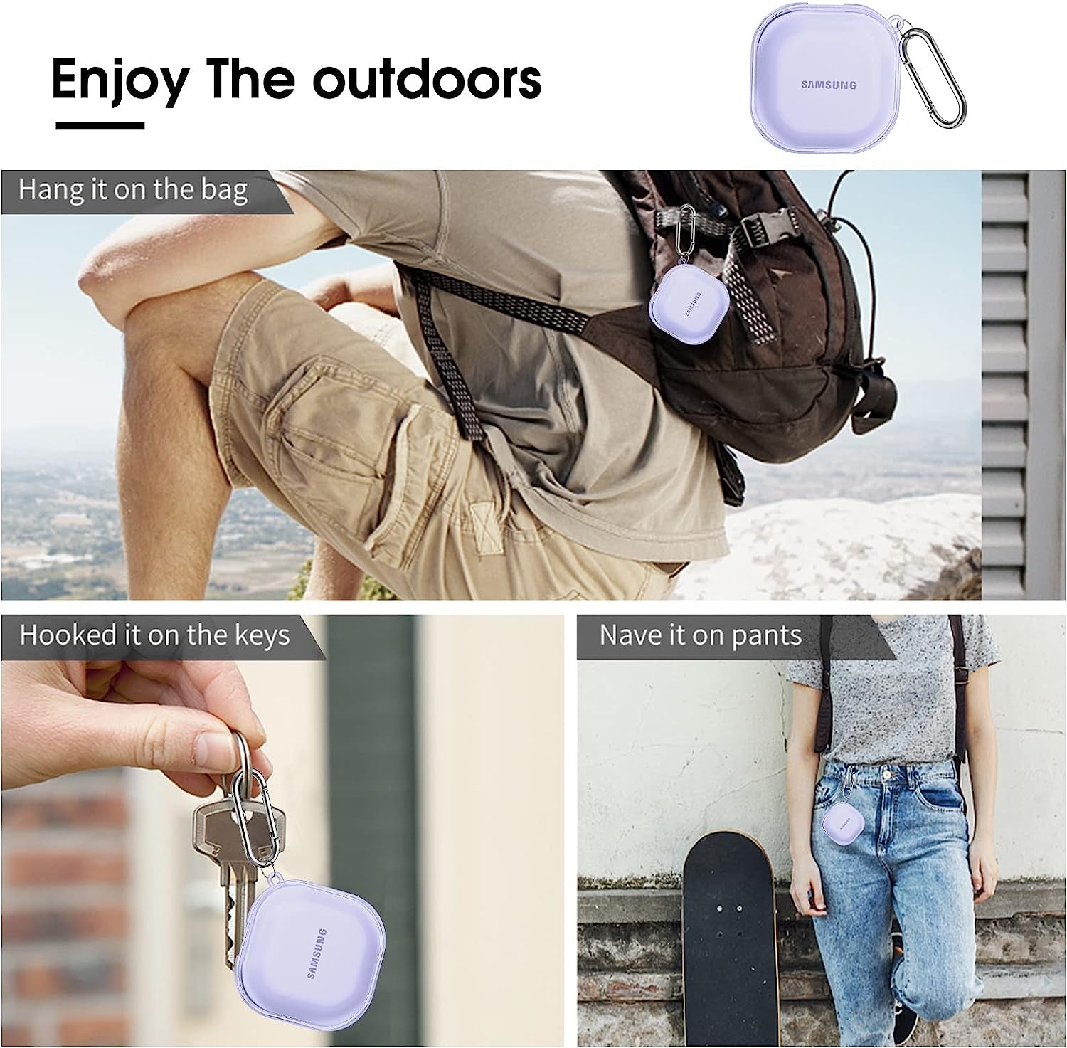 Fintie Case for Samsung Galaxy Buds 2 Pro (2022) / Galaxy Buds 2 (2021) / Galaxy Buds Pro (2021) / Galaxy Buds Live (2020) - Soft TPU Clear Anti-Scratch Protective Cover with Carabiner, Crystal Purple  Fintie   