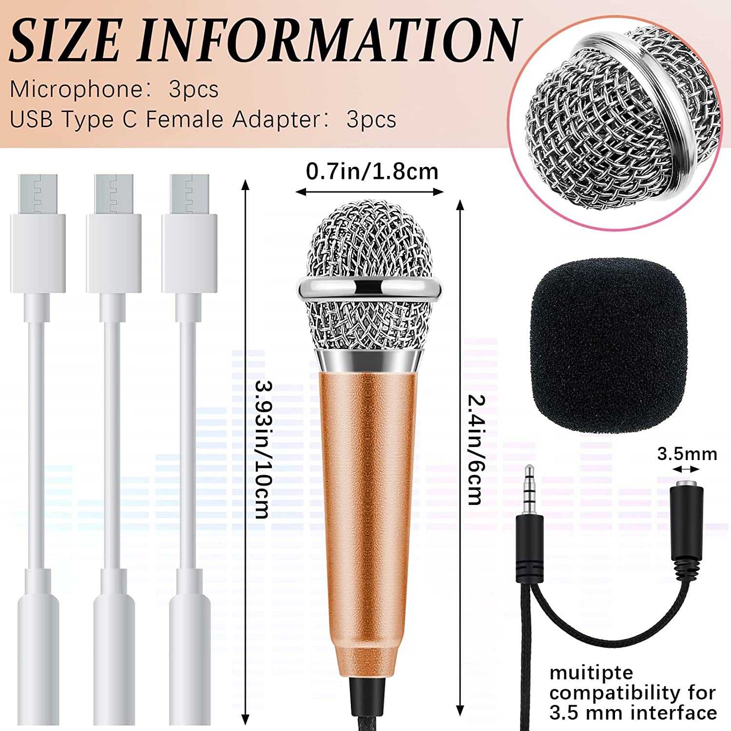 3 Pieces Mini Microphone Tiny Microphone Mini Portable Vocal Instrument Microphone and 3 Pieces USB Type C to 3.5 Mm Female Adapter for Mobile Phone  Flutesan   