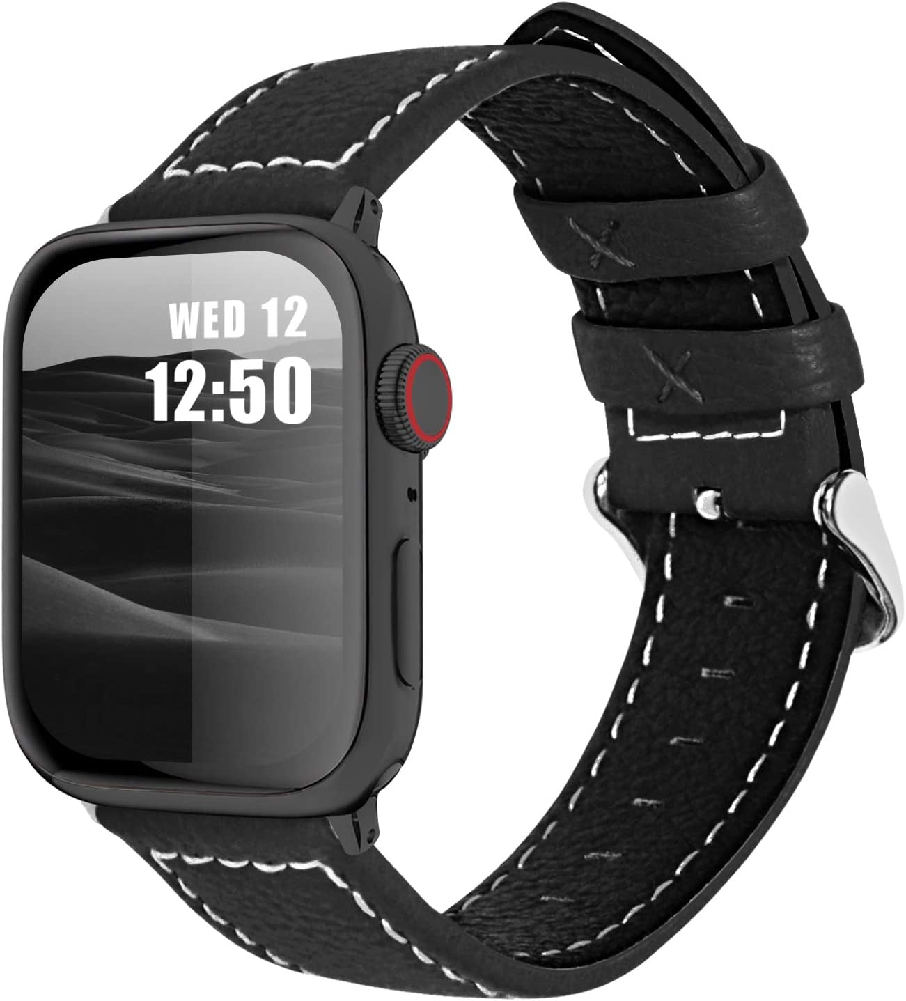 Fullmosa Compatible Apple Watch Band Leather 42Mm 44Mm 45Mm 38Mm 41Mm 40Mm for Iwatch Se/Se2/Series 8/7/6/5/4/3/2/1/Ultra 49Mm,42Mm/44Mm/45Mm White + Silver Buckle  Fullmosa LichiBlack + silver buckle 42mm/44mm/45mm/49mm 