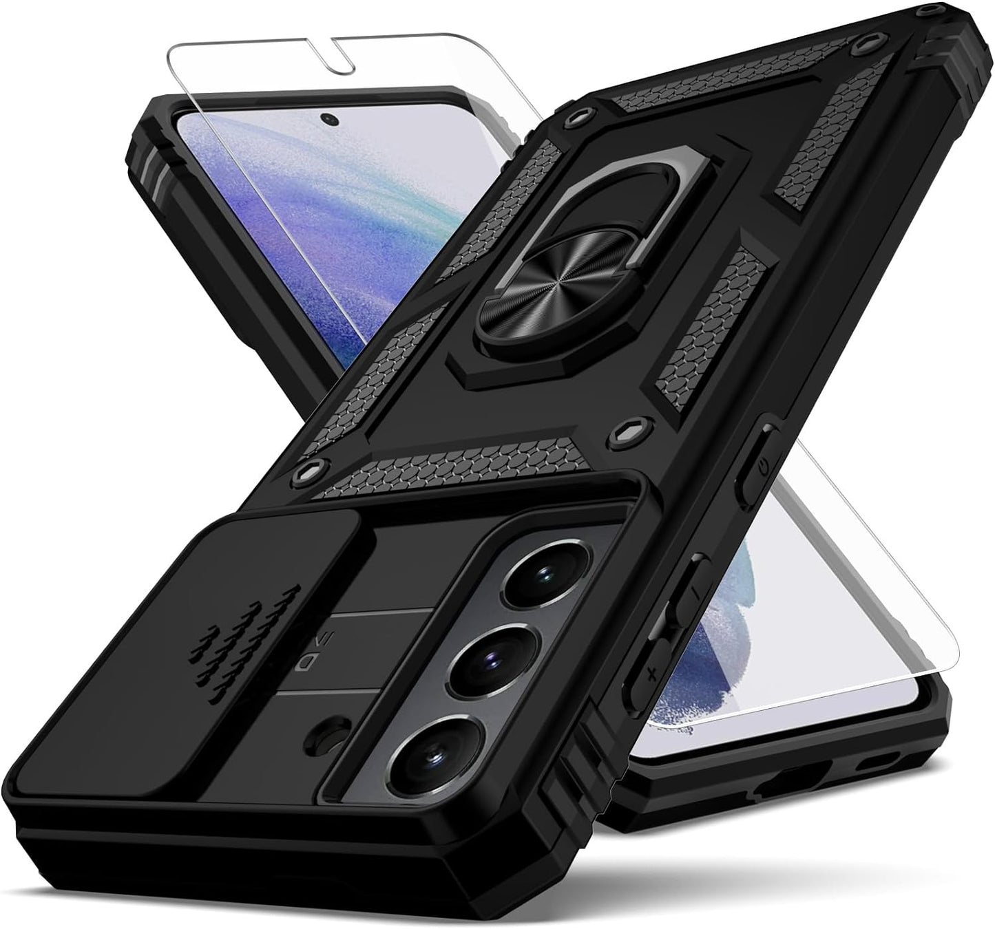 YZOK for Samsung Galaxy S21 Case,With Camera Lens Cover HD Screen Protector,[Military Grade] Ring Car Mount Kickstand Hybrid Hard PC Soft TPU Shockproof Protective Case for Galaxy S21, Red  YZOK Black  