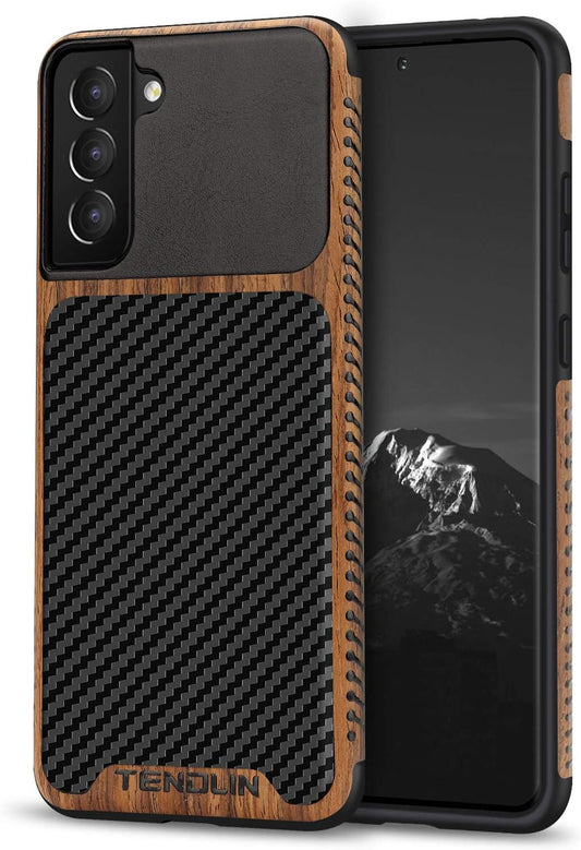 TENDLIN Compatible with Samsung Galaxy S21 Case Wood Grain with Carbon Fiber Texture Design Leather Hybrid Case Black  TENDLIN   
