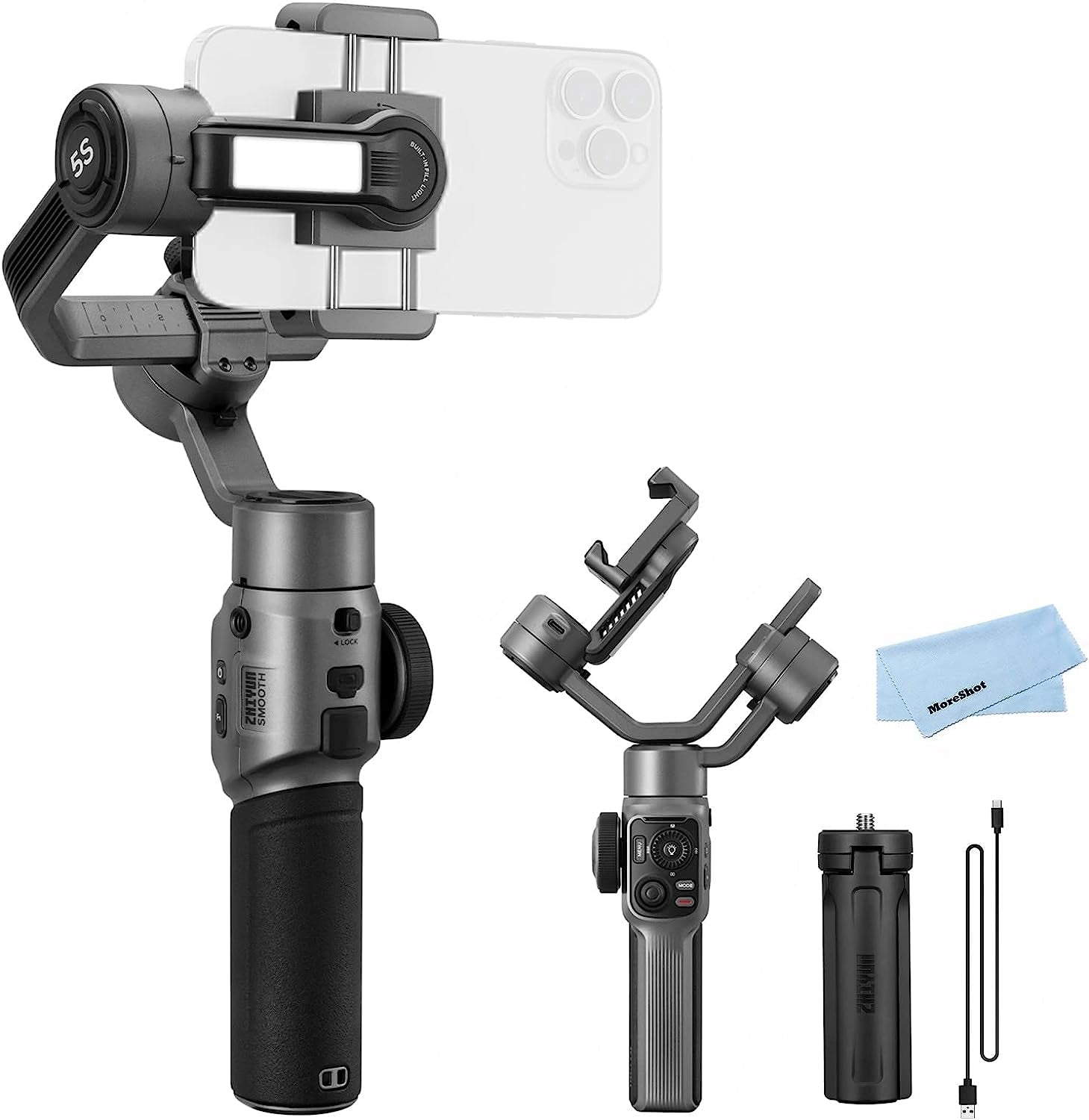 Zhiyun Smooth 5S White Gimbal Stabilizer for Smartphone for Iphone 14 13 12 11 SE XS XR X 8 Pro Max plus Samsung Android Video Youtube Tiktok Vlogging, Zhiyun Smooth 5 Phone Gimbal Upgraded Version  Zhiyun Gray  