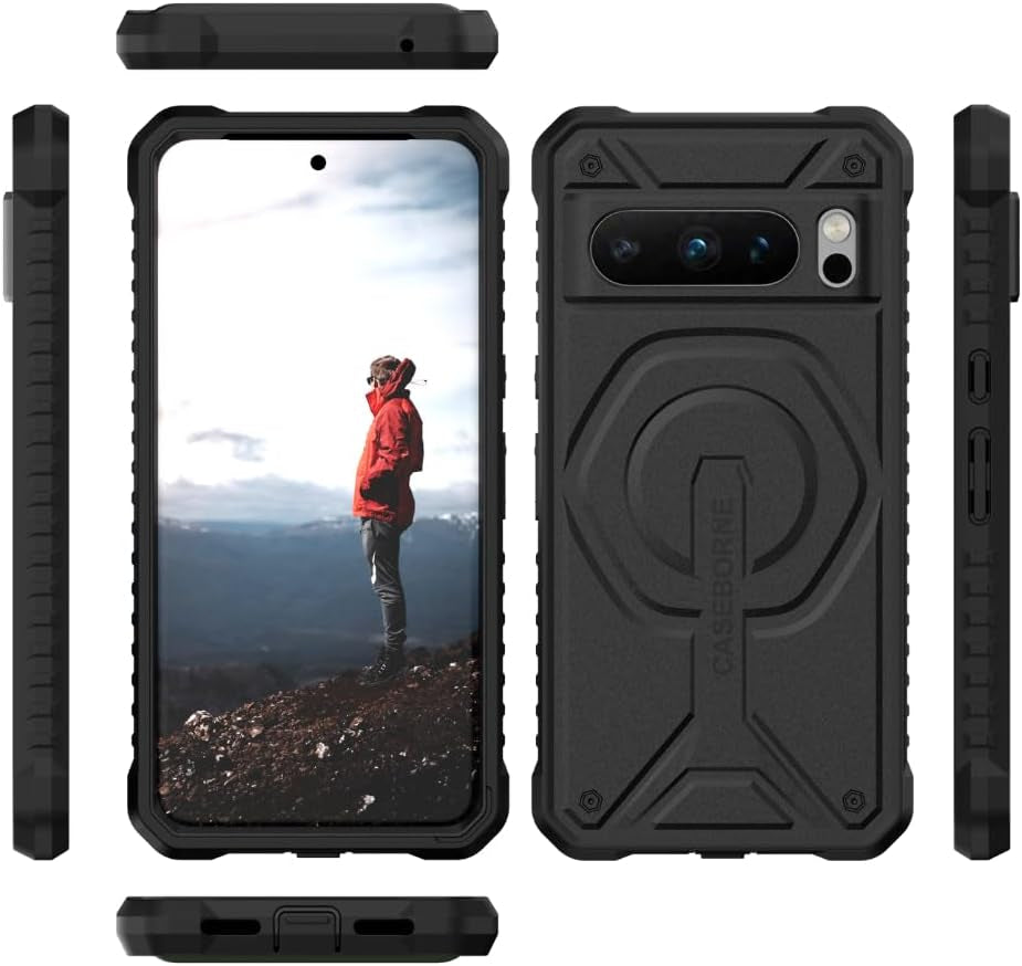 Caseborne Compatible with Google Pixel 8 Pro Protective Case - Compatible with Magsafe, Slim yet Rugged with Tempered Glass Screen Protector and Belt Clip Holster Black  Caseborne   