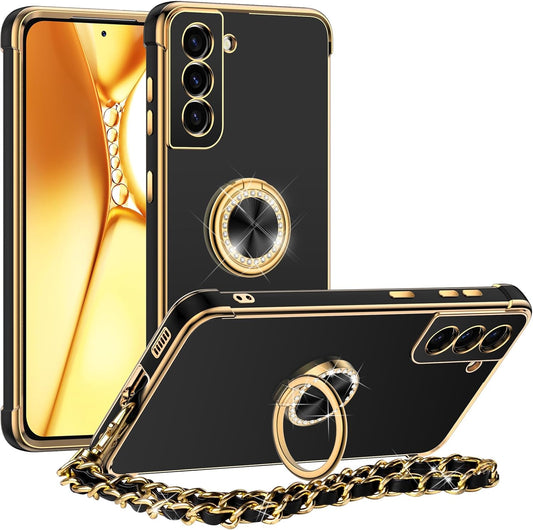 Miss Arts for Samsung Galaxy S21 plus Case, Ring Holder Stand Luxury Bling Electroplated Phone Case with Strap, Cute Soft TPU for Samsung S21 plus Cover for Women Girls, Black  Miss Arts inc   