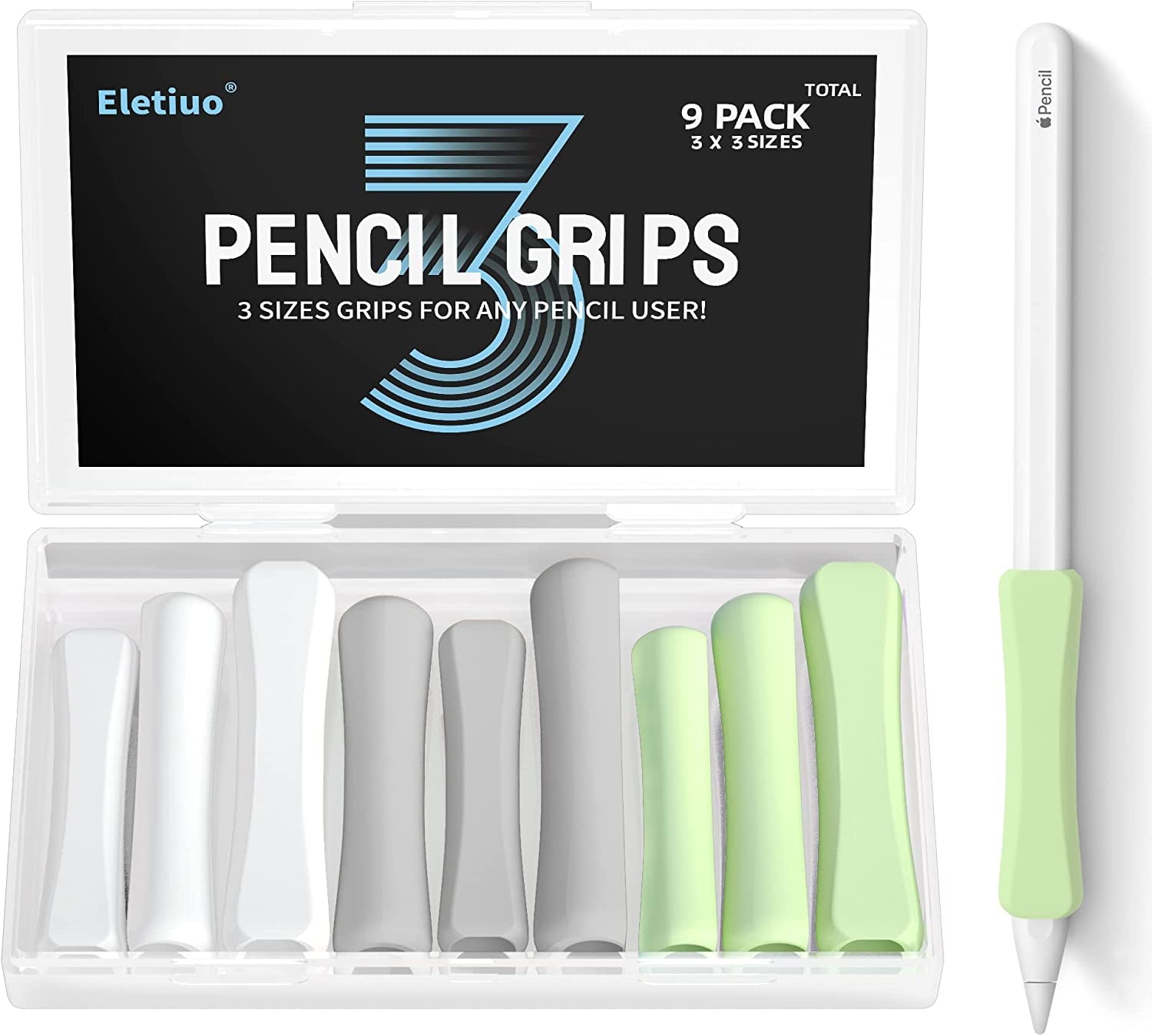 9 Pack Grip Holder for Apple Pencil 2Nd Generation,3 Sizes Protective Stylus Grip Ergonomic Silicone Sleeve Accessories,Compatible with Ipad Pro 11 12.9 Inch,White,Grey,Green  Litumfen   