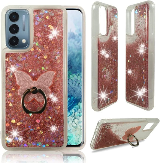 Zase Design Clear Case for Oneplus Nord N200 5G Liquid Glitter Sparkle Bling Cute Girls Women Protective Flexible Soft Cover Floating Quicksand W/Phone Ring Holder Stand (Pink Rose)  Zase   
