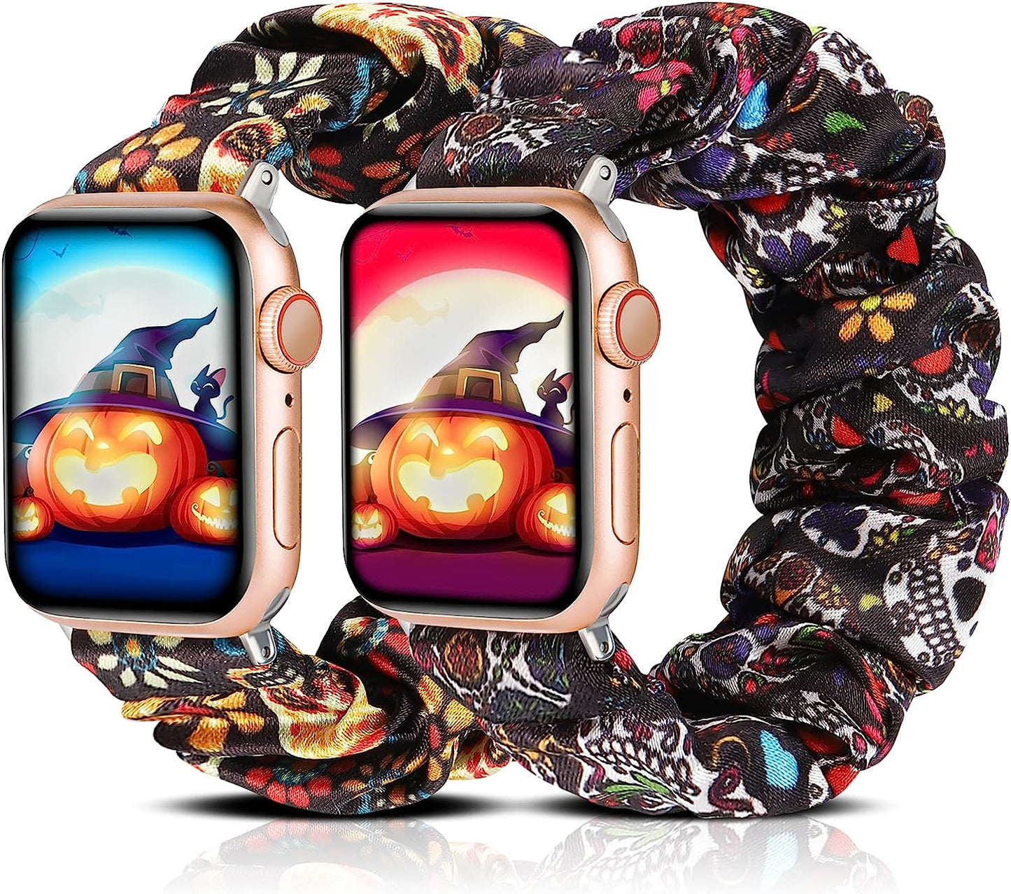 TOYOUTHS 2 Packs Scrunchie Elastic Watch Bands Compatible with Apple Watch Bands 44Mm 42Mm 40Mm 38Mm 41Mm 45Mm for Women Stretchy Bands Bracelet Replacement Bands for Iwatch Series 8/7/6/5/4/3/2/1/SE  TOYOUTHS Halloween color Skull/Halloween Orange Skull 42MM/44MM/45MM-S 