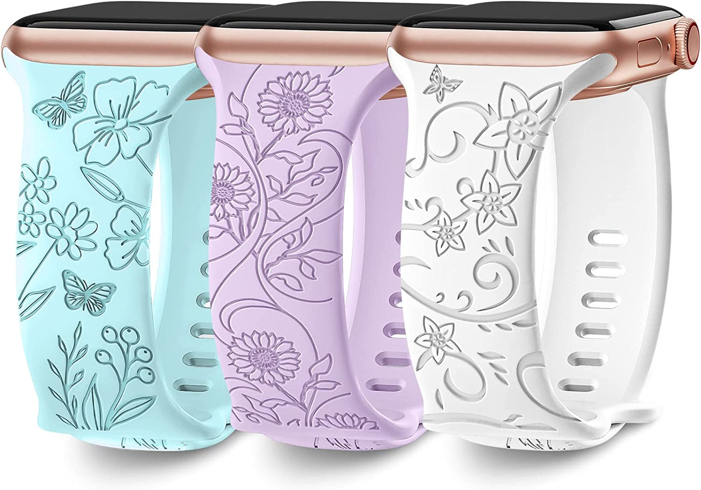 3 Pack Floral Engraved Bands Compatible with Apple Watch Band 40Mm 41Mm 38Mm 42Mm 44Mm 45Mm 49Mm Women,Soft Silicone Cute Wildflowers Sport Laser Strap for Iwatch Bands Series Ultra SE 8 6 5 4 3 2 1  AMSKY Light Green/White/Light Purple 38/40/41 mm 