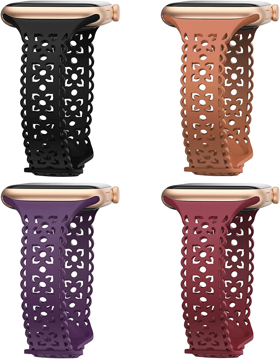 4 Pack Lace Silicone Band Compatible with Apple Watch Bands 40Mm 44Mm 41Mm 45Mm 38Mm 42Mm Women,Thin Slim Hollow-Out Sport Strap Replacement Wristbands for Iwatch Series Ultra 8 7 6 5 4 3 2 1 SE  HEARTBOOM Black/Brown/Dark Purple/Wine Red 42mm/44mm/45mm/49mm 
