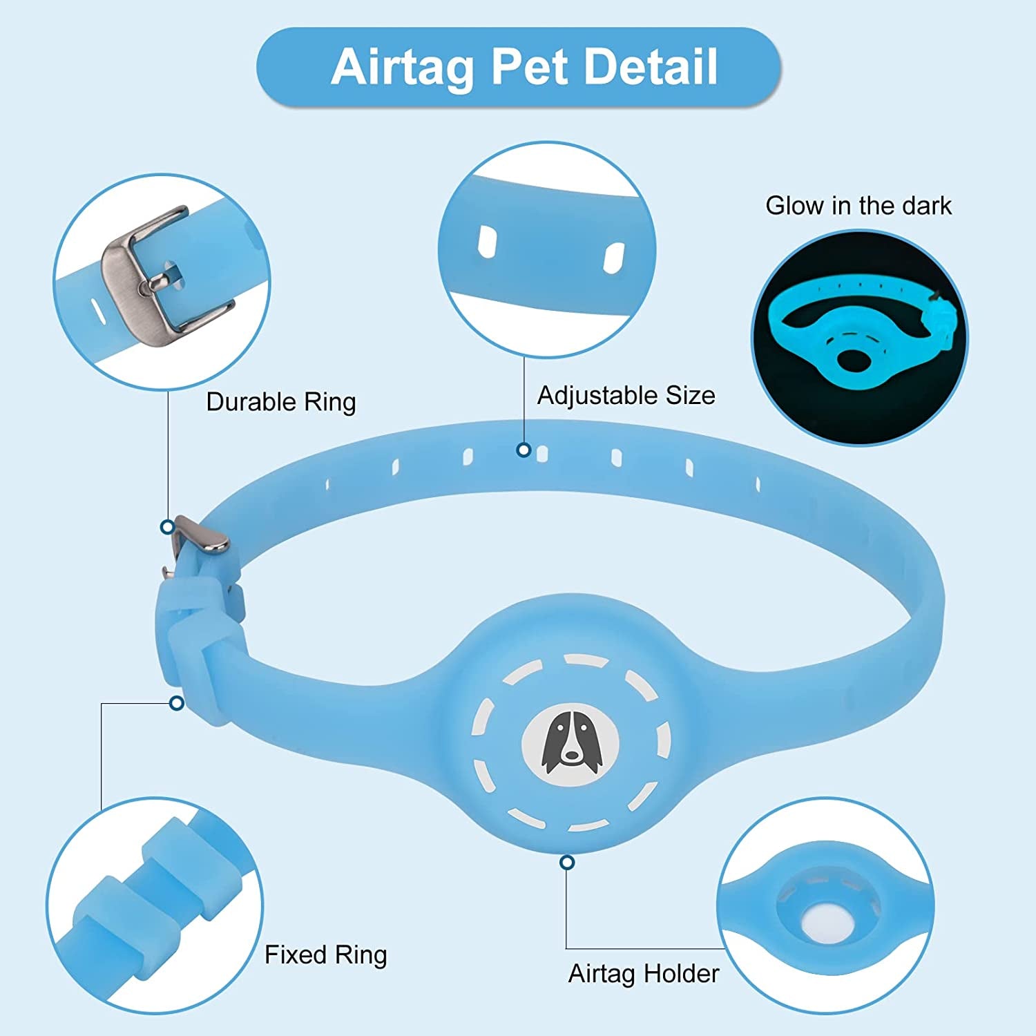 Airtag Dog Collar with Airtag Holder Case Integrated 2 Pack, Luminous Silicone Anti-Lost Apple Air Tag Dog/Cat Holder for Pet and 2 HD Protective Film Set (Neck 10.8-12.5")  CNUORN   