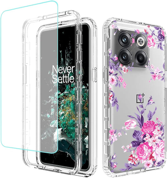 Vokuha Case for Oneplus 10T 5G/Oneplus Ace Pro Case, CPH2415 Case with Tempered Glass Screen Protector, Floral Crystal Clear TPU Shockproof Protective Armor Cover for Oneplus 10T 5G (Rose Flower)  Vokuha   