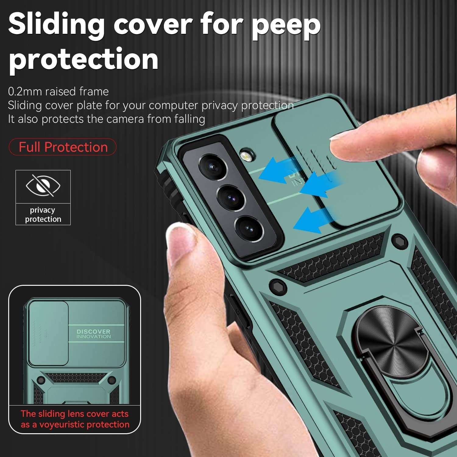 For Samsung Galaxy S21 FE 5G Case with Camera Lens Cover HD Screen Protector, Military-Grade Drop Tested Magnetic Ring Holder Kickstand Protective Phone Case for Samsung Galaxy S21 FE 5G (Dark Green)  JINZHI Inc   