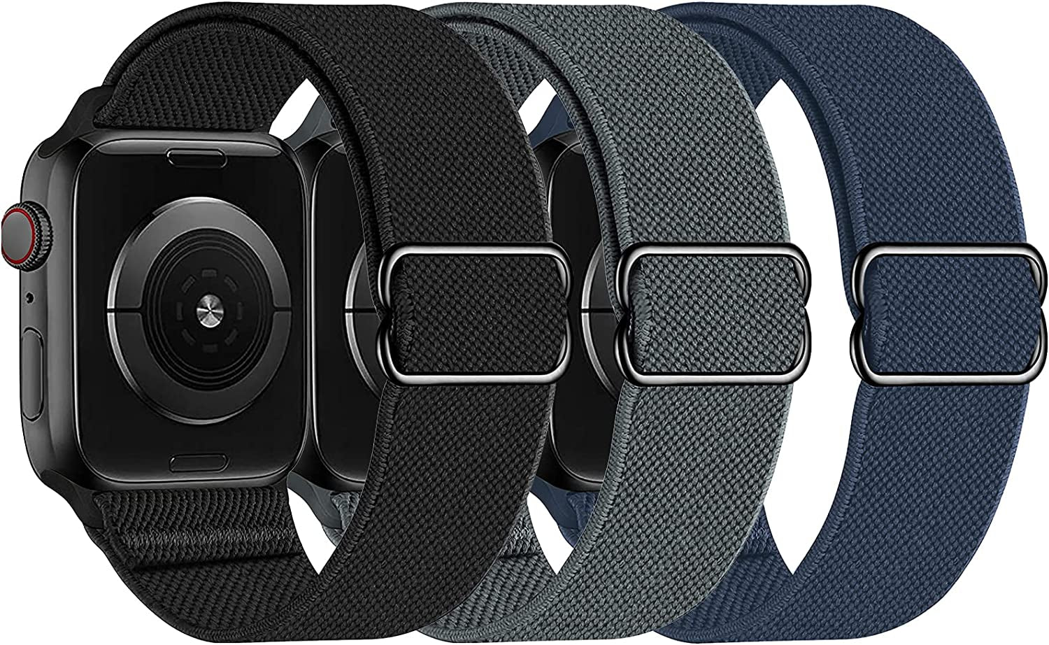 Swhatty Stretchy Nylon Solo Loop Bands Compatible with Apple Watch 41Mm 40Mm 38Mm, Adjustable Braided Sport Elastics Women Men Strap for Iwatch Series 8 7 6 5 4 3 2 1 SE (Black, Rose Pink, Cream)  Swhatty Black/Dark Gray/Midnight Blue 38mm/40mm/41mm 