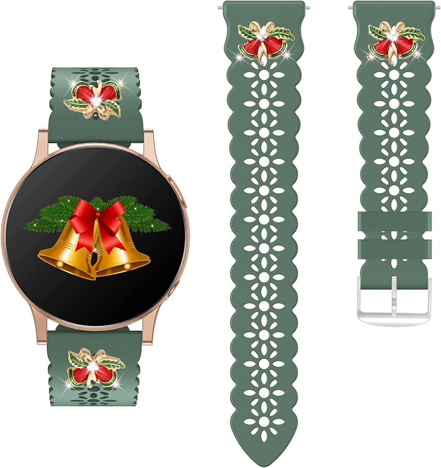 Lace Silicone Band 20Mm Compatible for Samsung Galaxy Watch 4 40Mm 44Mm/Watch 3 41Mm/Active 2 Watch Bands 40Mm 44Mm/Watch 4 Classic 42Mm 46Mm, Slim Bands Soft Smartwatch Strap for Women(Black)  Seizehe Pine Green with Christmas bell charms  