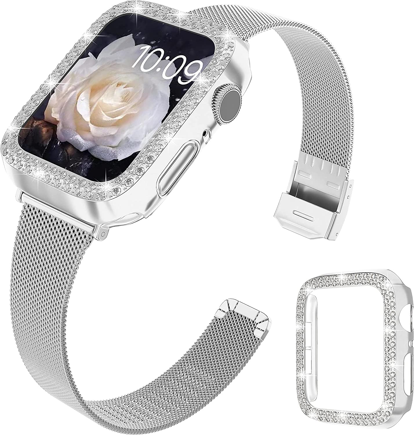 QVLANG Slim Watch Band Compatible with Apple Watch Band 38Mm 40Mm 42Mm 44Mm for Women Girls, Stainless Steel Metal Mesh Wristband & Bling Diamond Case for Iwatch SE Series 6/5/4/3/2/1 (Blue, 40Mm)  QVLANG Silver 38 mm 