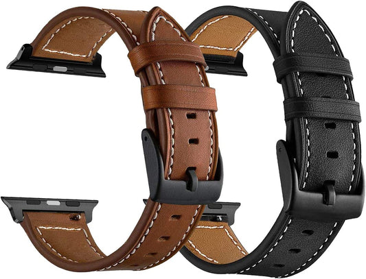LDFAS Compatible for Apple Watch Band 49Mm 45Mm 44Mm 42Mm, (Large) Leather Watch Strap with Black Buckle Compatible for Apple Watch Ultra/Se, Apple Watch Series 7/6/5 Bands,Brown+Black (2 Pack) M/L  LDFAS   
