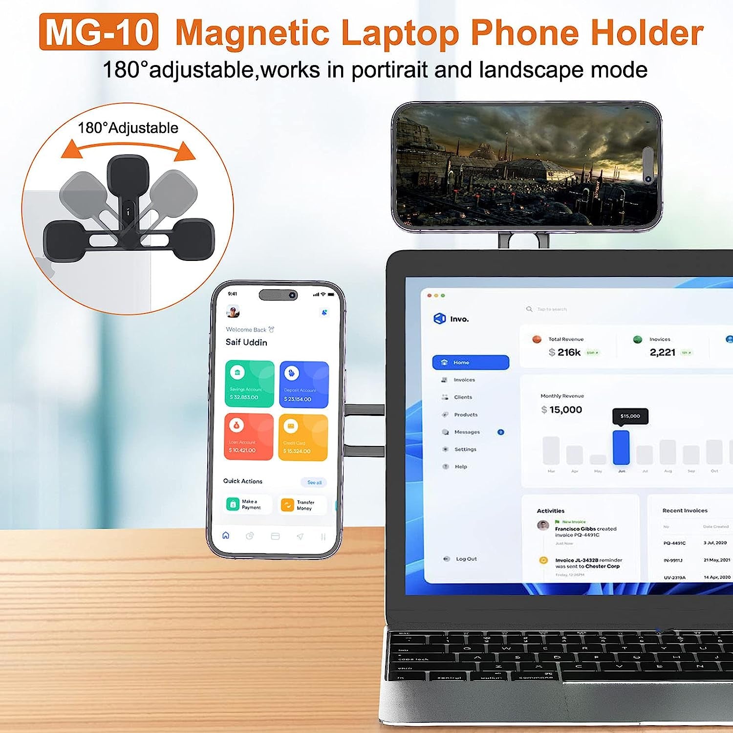 GOWENIC Magnetic Laptop Phone Holder, Adjustable Monitor Side Mount Phone Holder, for Slim Portable Foldable Smartphone Stand, Foldable Laptop Side Mount Clip  GOWENIC   