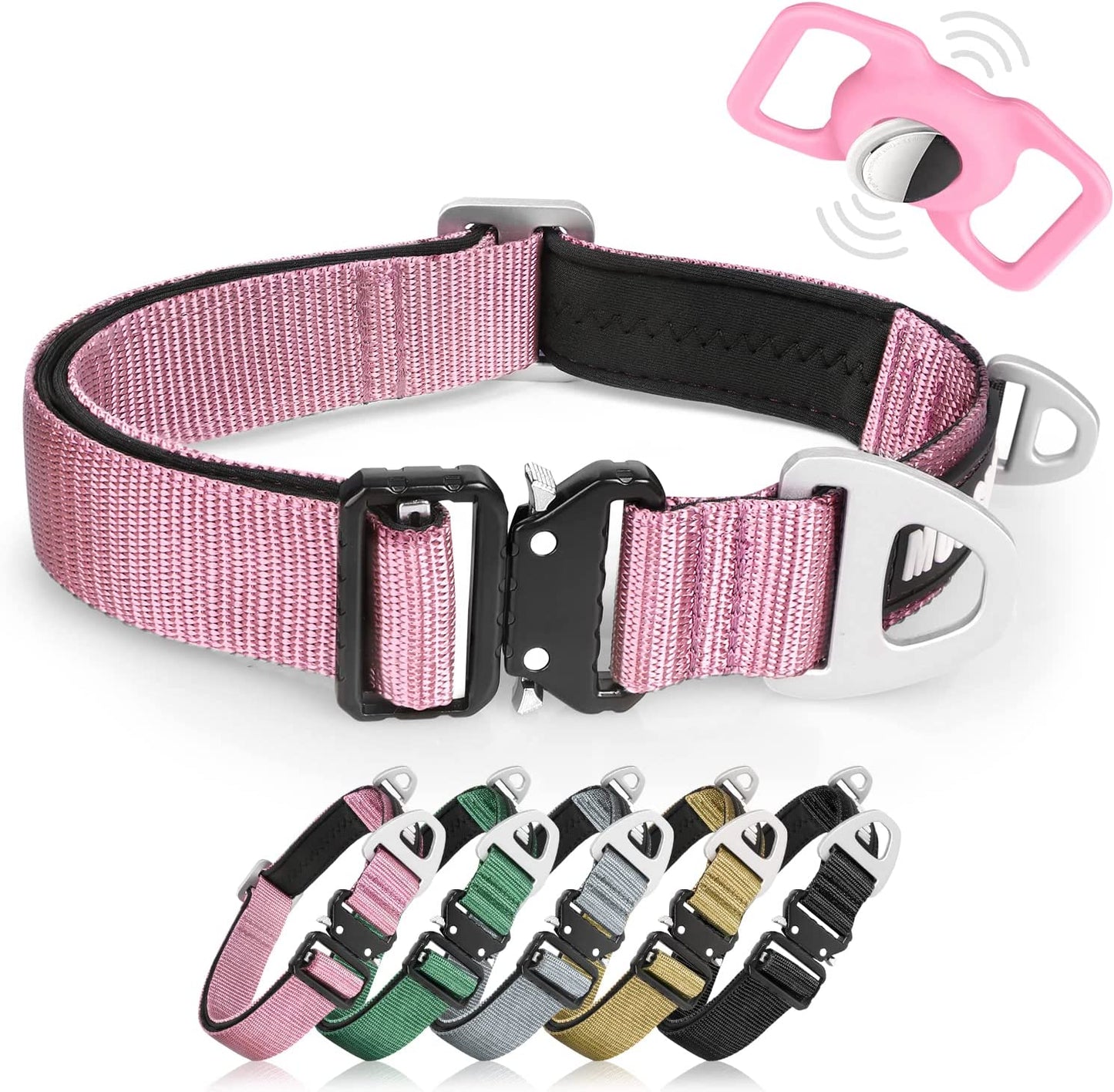 MOOGROU Dog Collar with Airtag Holder,Quick-Release Metal Buckle Heavy Duty Pet Collar for Small Medium Large Dogs,Premium Adjustable Nylon Airtag Dog Collar with Soft Neoprene Padded Comfy Brown 1.2"  MOOGROU Pink:Collar+Airtag Holder Size 1-Width 1" 