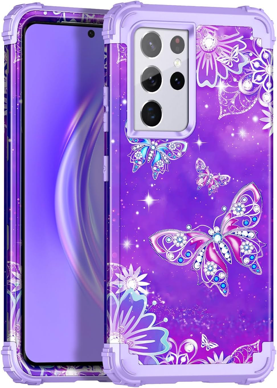 Rancase for Galaxy S21 Ultra 5G Case,Three Layer Heavy Duty Shockproof Protection Hard Plastic Bumper +Soft Silicone Rubber Protective Case for Samsung Galaxy S21 Ultra 5G 6.8 Inch,Purple Mandala  Rancase Purple Butterfly  