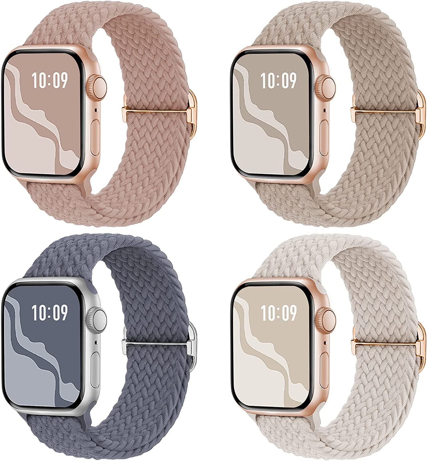 Braided Stretchy Solo Loop Compatible for Apple Watch Band 38Mm 40Mm 41Mm 42Mm 44Mm 45Mm 49Mm for Women Men, Nylon Elastic Straps Wristbands for Iwatch Series 8 7 6 SE 5 4 3 2 1 Ultra, 4Packs  Suitisbest Milk Tea/Starlight/Nude Pink/BlueGrey 38/40/41mm 
