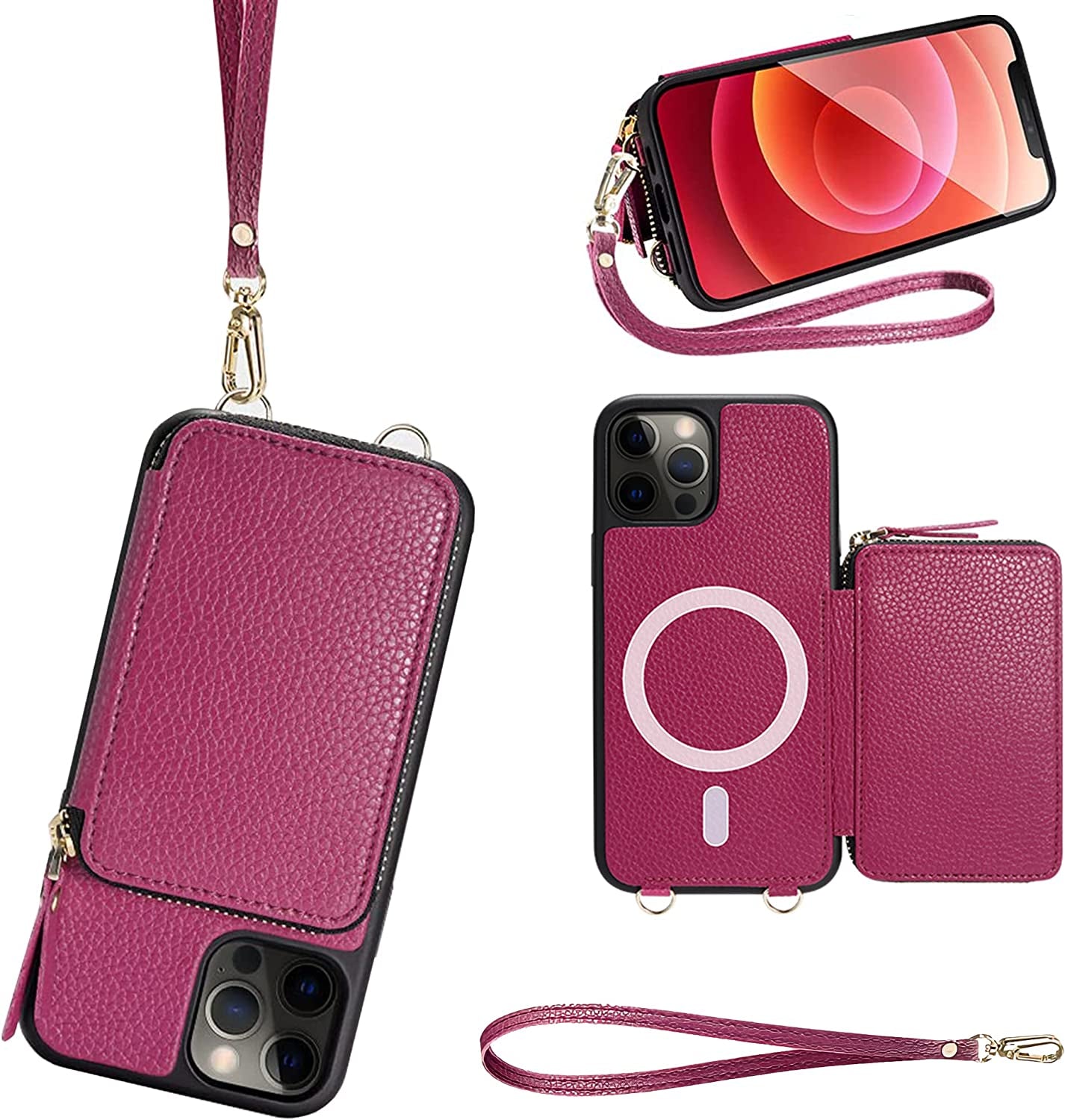 ZVE Wallet Case for Iphone 14 Pro Max 6.7 Inch, Magsafe Zipper Leather RFID Blocking Cards Holder Slots Case with Magnetic Wireless Charging, Protective Cover for Iphone 14 Pro Max 6.7"(2022)-Black  ZVE Rose Purple iPhone 12 Pro Max 